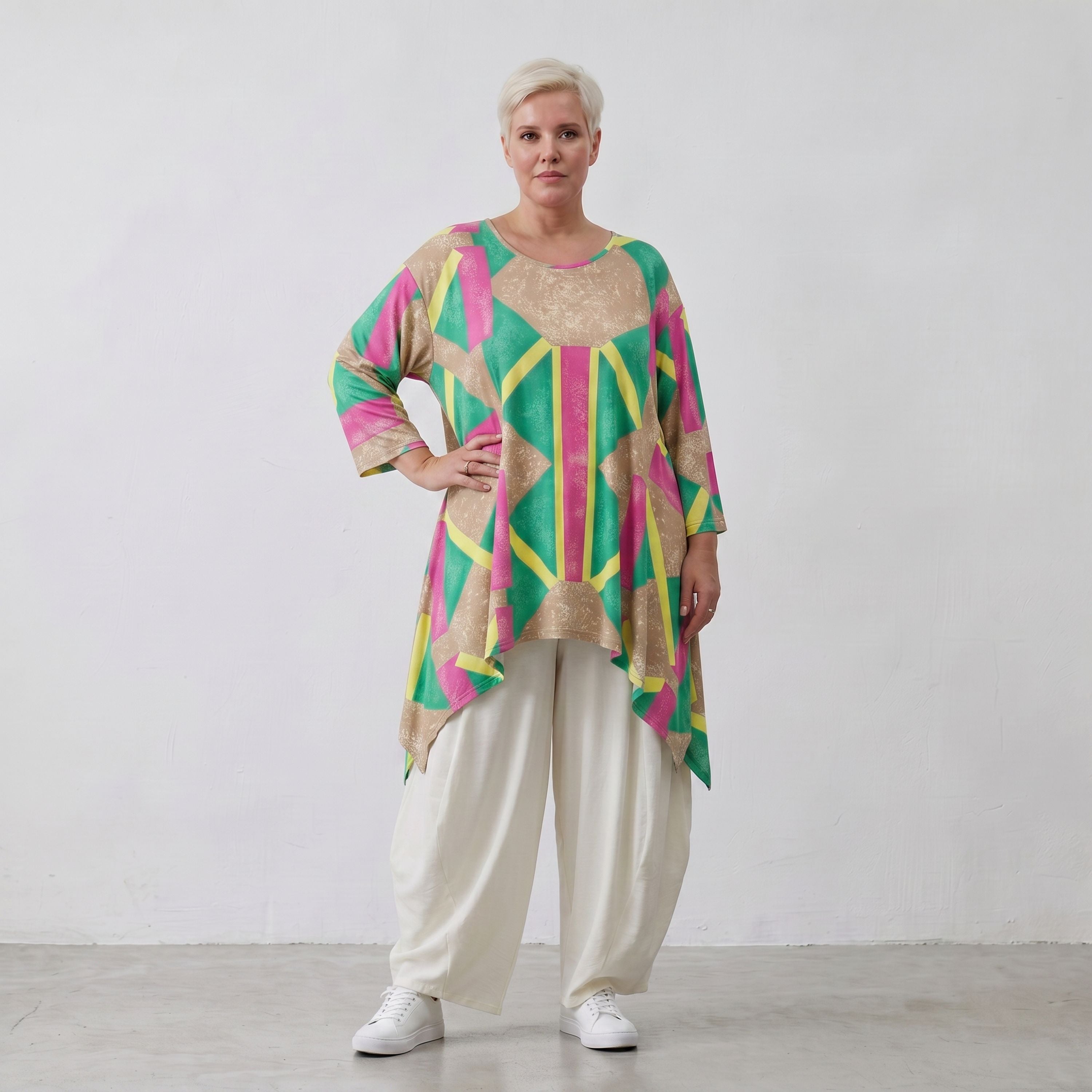 Damen Shirt Lagenlook Viskose Beige/Grün, A-Form, 3/4-Arm, Oversize große Größen – AKH Fashion