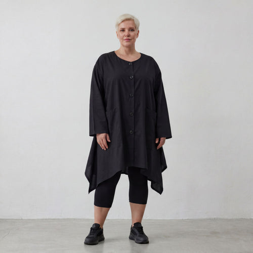 Zeitlose Schwarz Baumwollbluse im legeren Lagenlook mit Oversize A Linie und Taschen fein