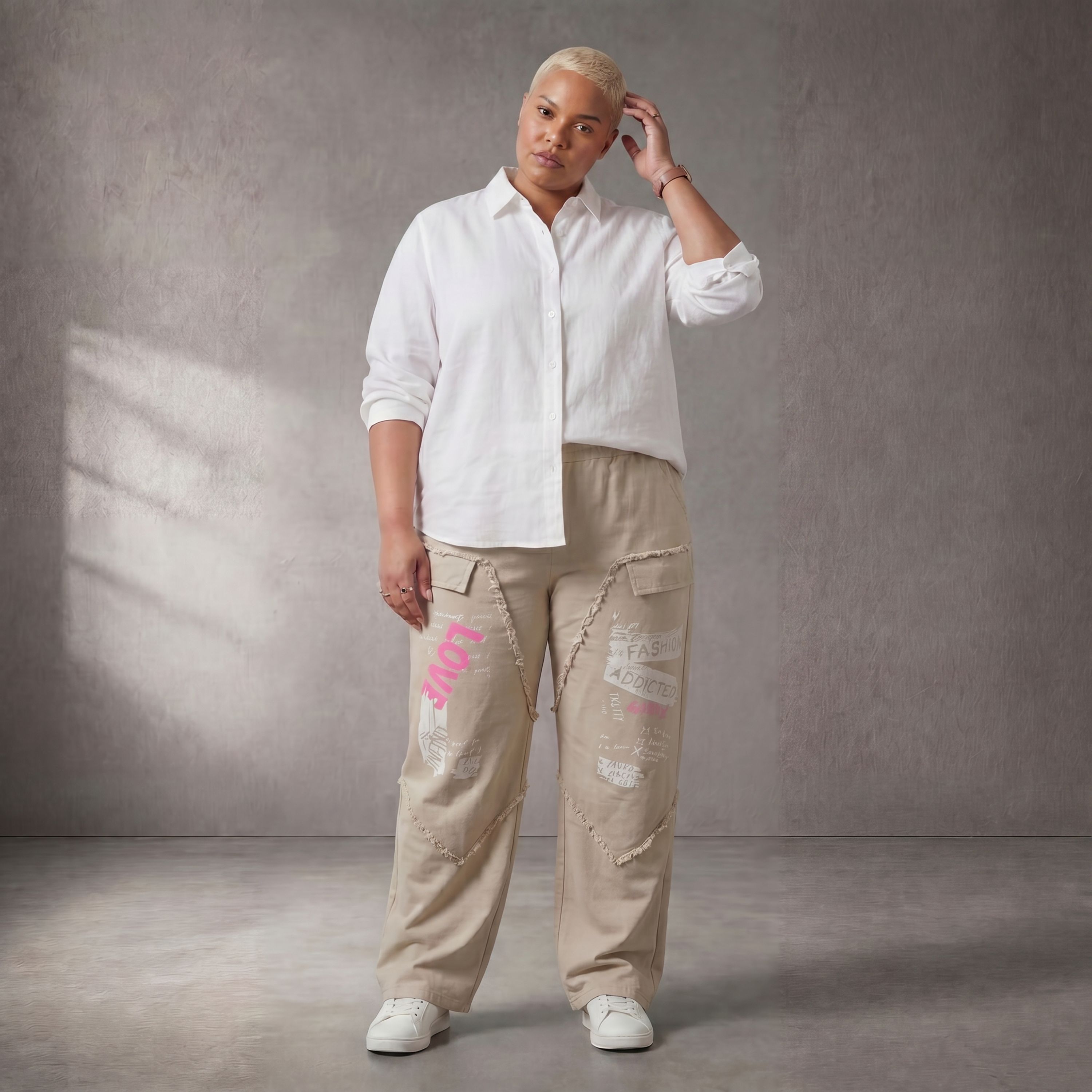Damen Hose Lagenlook Baumwolle Beige, Fransen, Oversize große Größen – Funky Diva