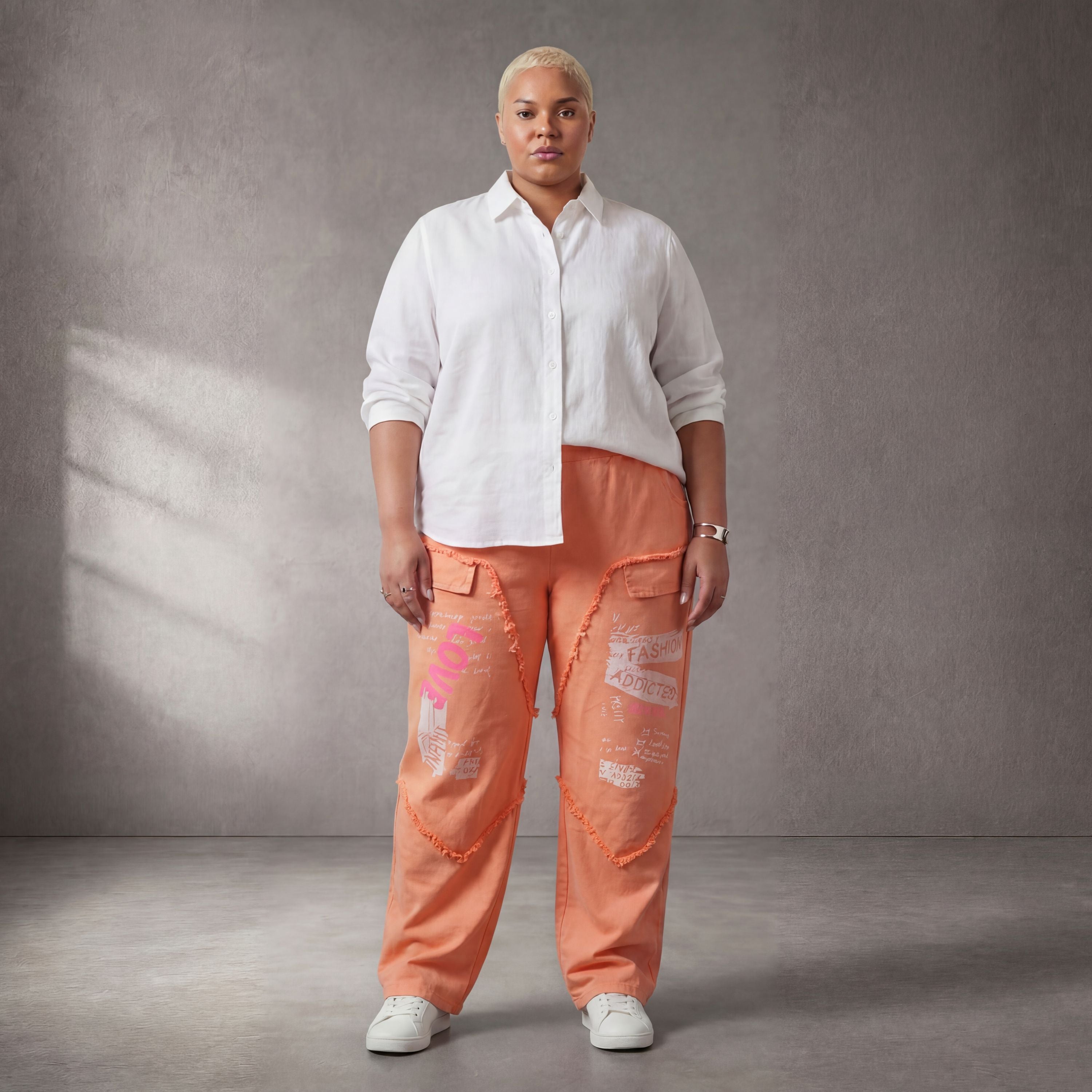 Damen Hose Lagenlook Baumwolle Orange, gerader Schnitt, Fransen, Oversize große Größen – Funky Diva