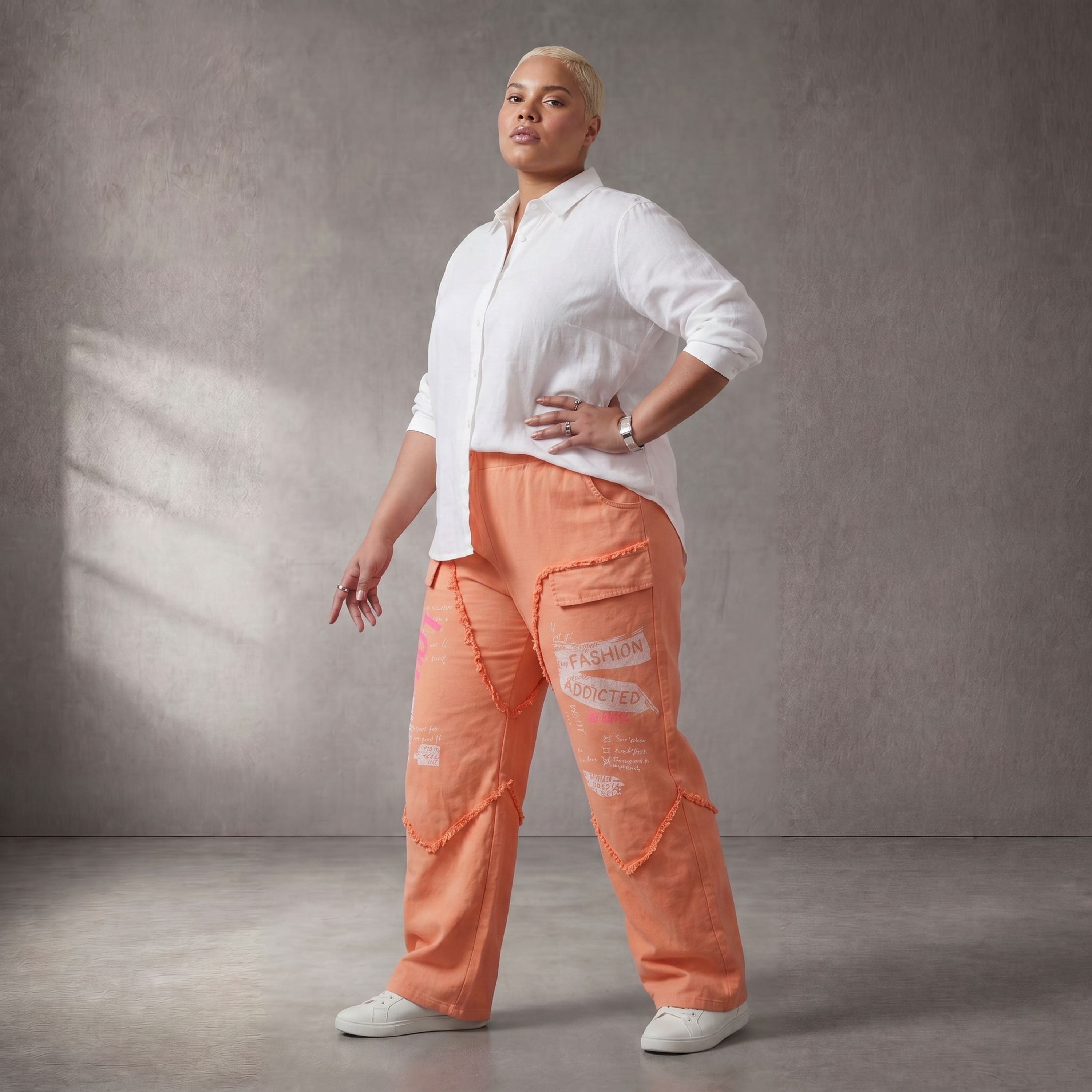 Damen Hose Lagenlook Baumwolle Orange, gerader Schnitt, Fransen, Oversize große Größen – Funky Diva