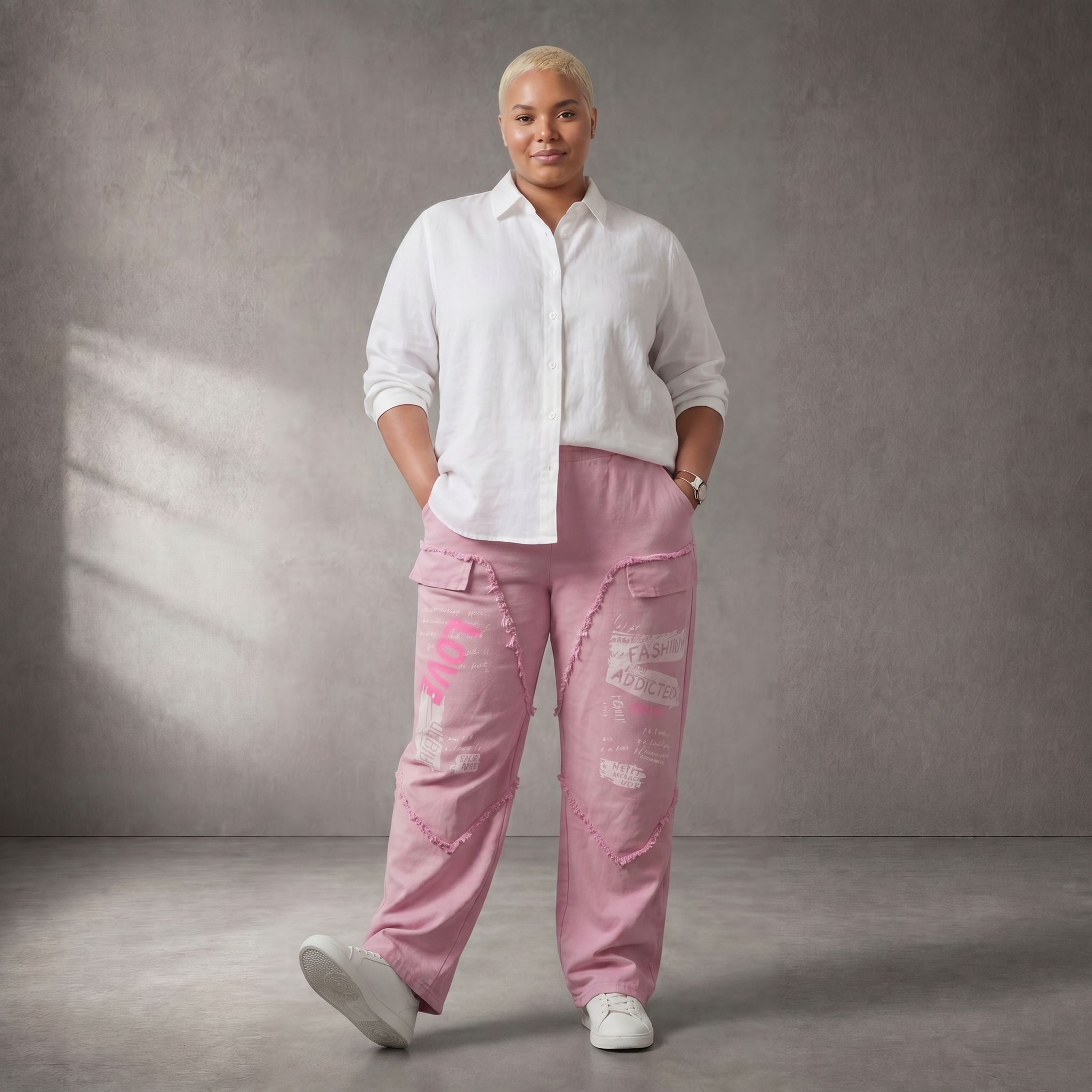 Damen Hose Lagenlook Baumwolle Rosa, Elastikbund, Oversize große Größen – Funky Diva