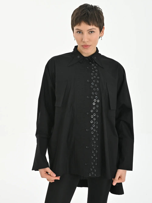 Damen Shirt Lagenlook Baumwolle Schwarz, A-Form, Langarm, Brusttasche, Oversize große Größen – Just Angels