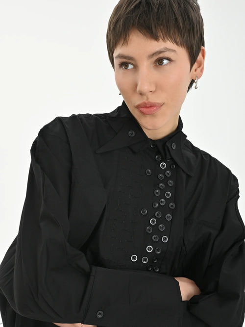 Damen Shirt Lagenlook Baumwolle Schwarz, A-Form, Langarm, Brusttasche, Oversize große Größen – Just Angels