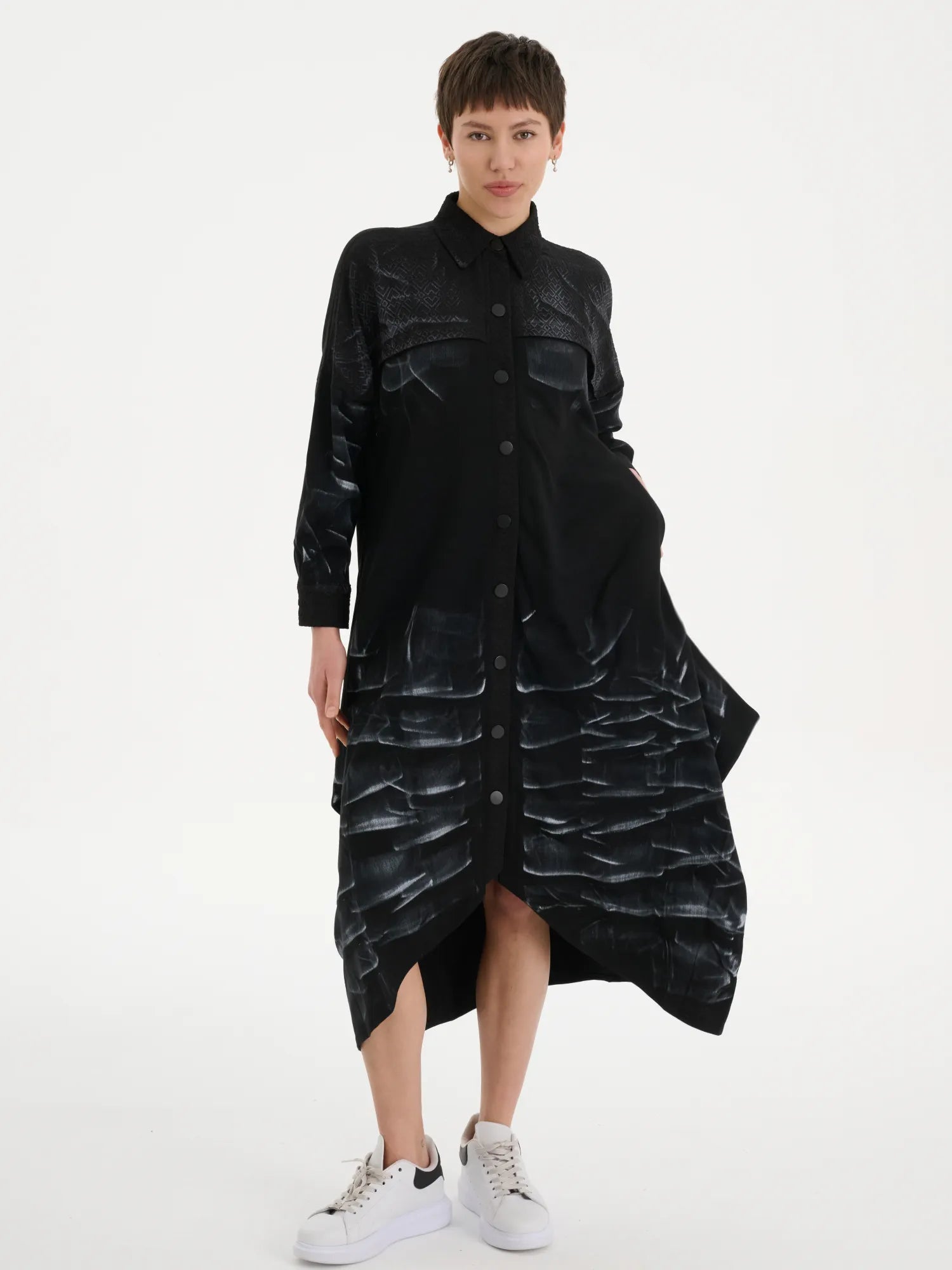  Ballonmantel von Les Mios aus Polyester, 7052, Schwarz, Muster, Schick, Modern, Bequem