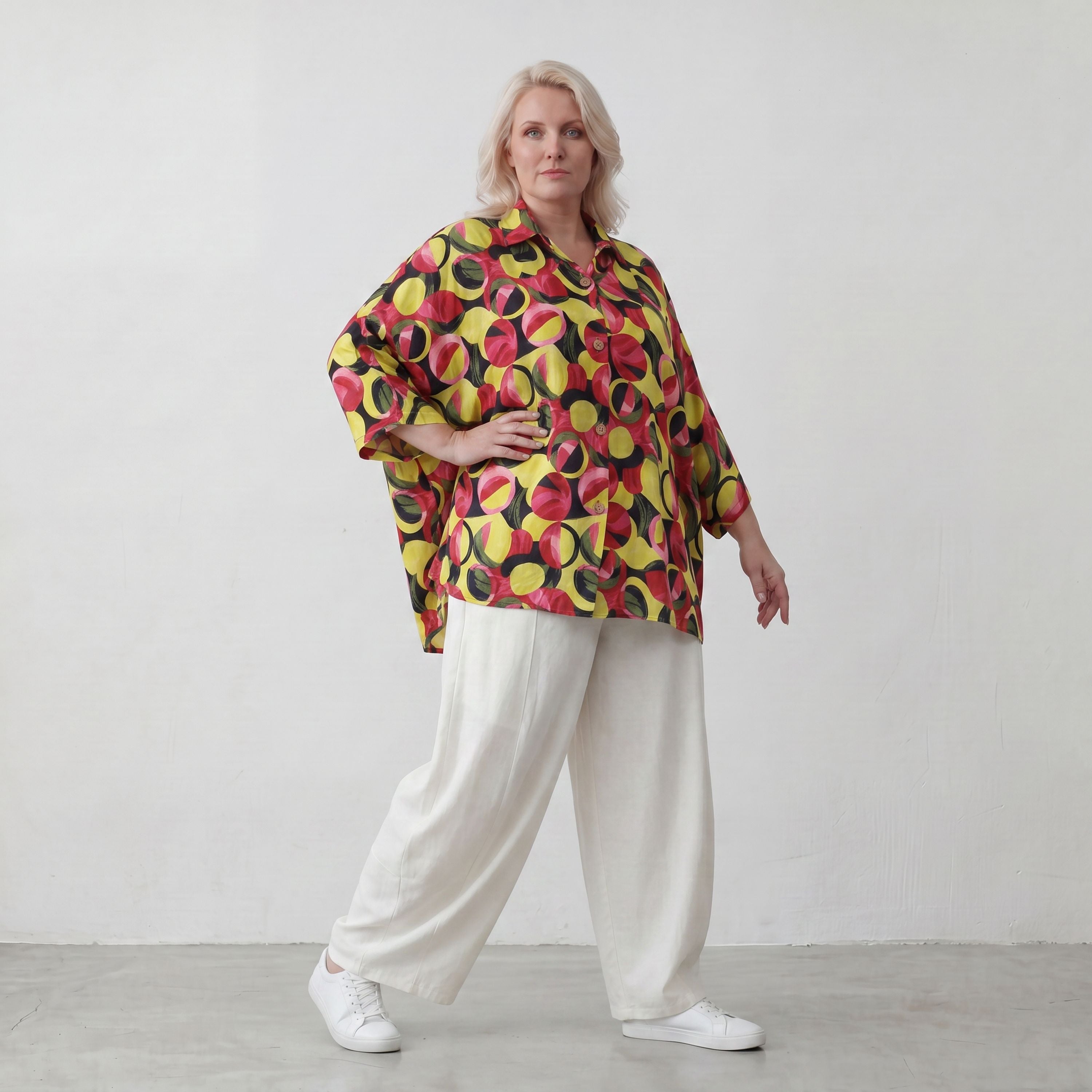 Bluse aus Viskose Popeline in Gelb und Fuchsia mit Hemdkragen und Knopfleiste sommerlich