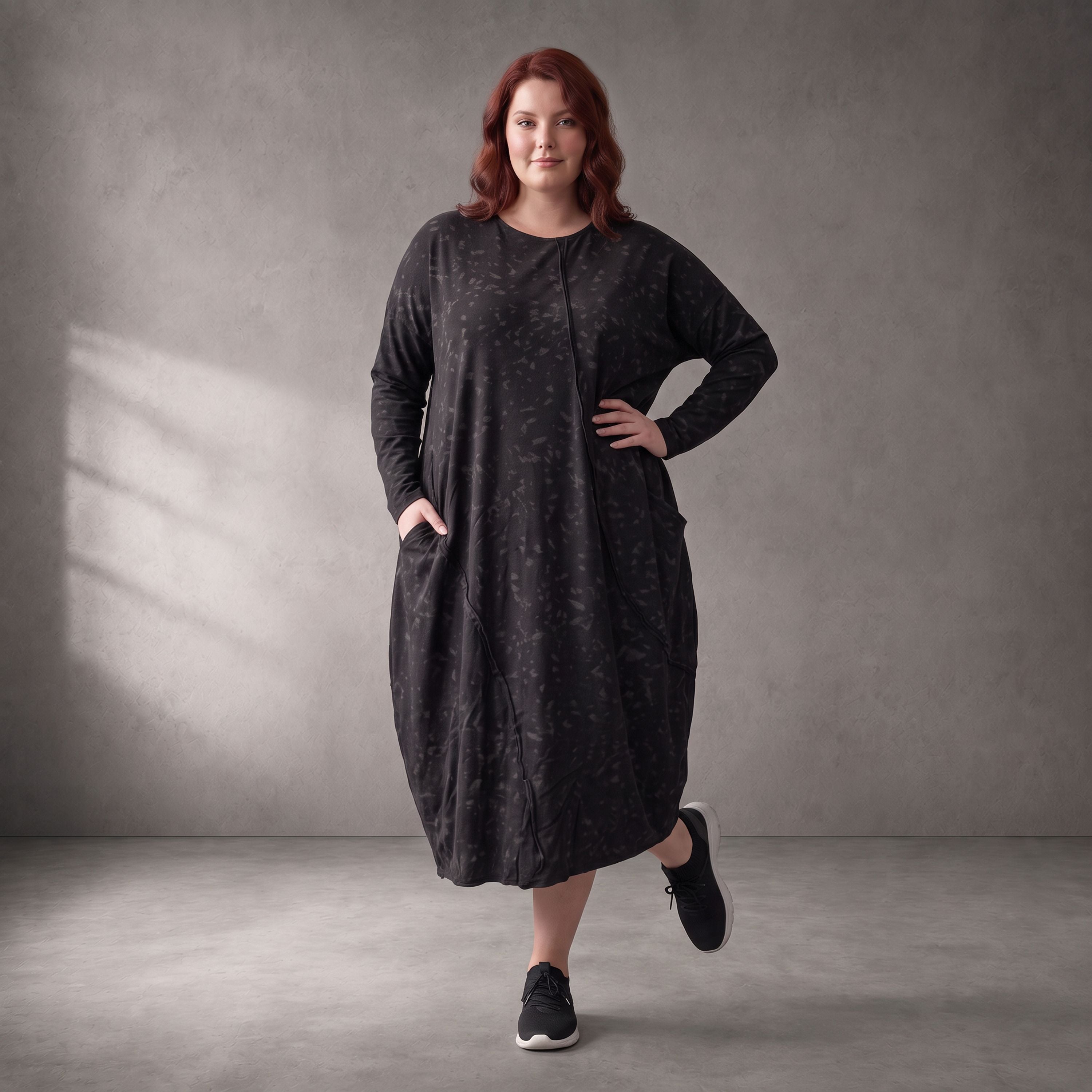 Damen Kleid Lagenlook Baumwolle Schwarz, Ballonschnitt, Langarm, Oversize große Größen – Funky Diva