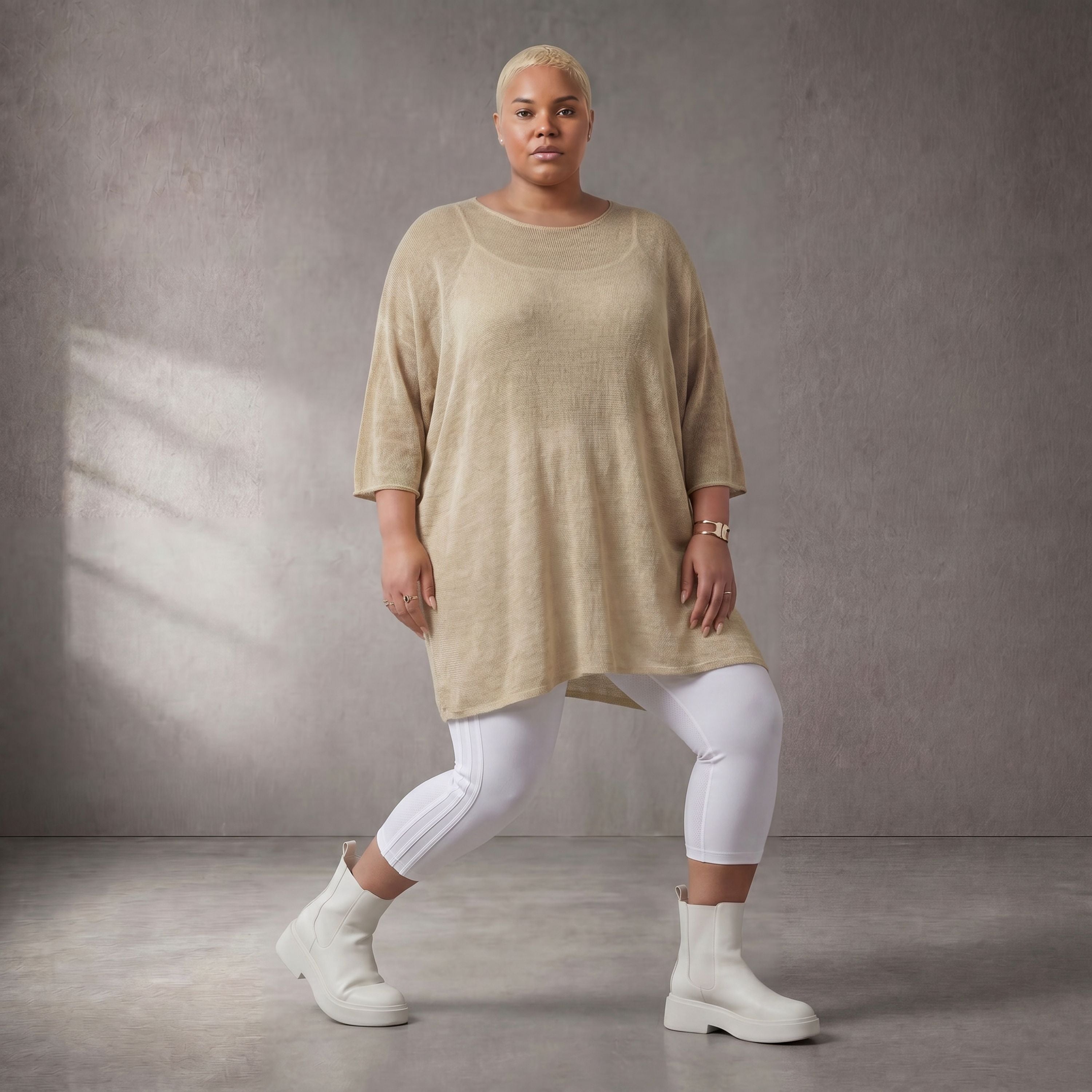 Damen Shirt Lagenlook Baumwolle Beige, gerader Schnitt, Kurzarm, Oversize große Größen – Funky Diva