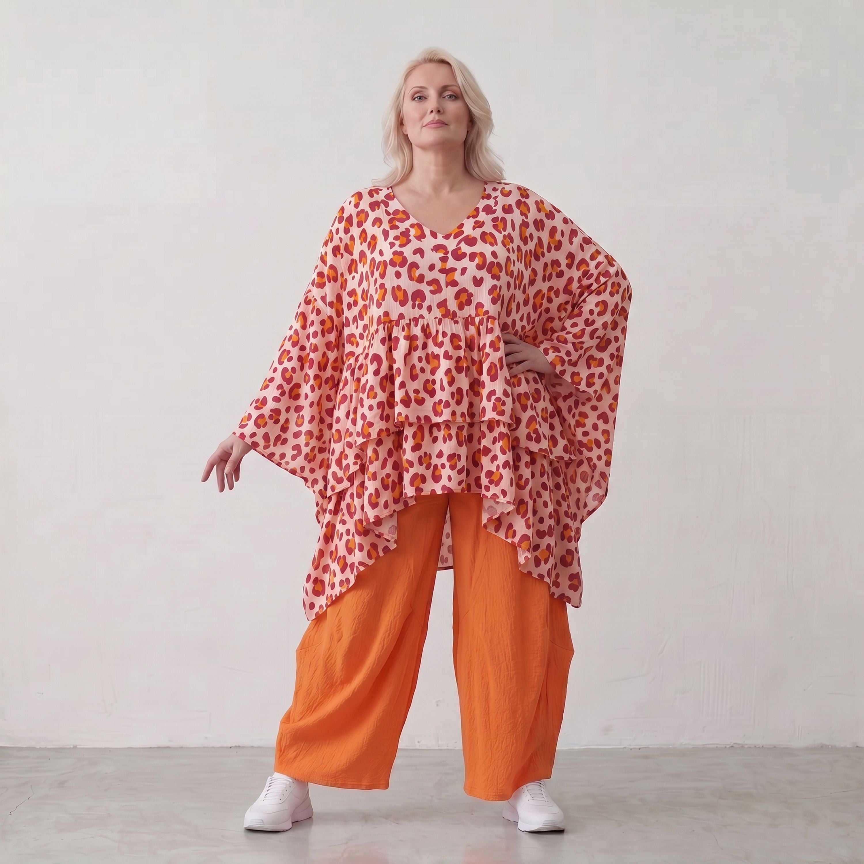 Damen Shirt Lagenlook Baumwolle Rose/Rot, Oversized, Kurzarm, V-Ausschnitt, Oversize große Größen – AKH Fashion