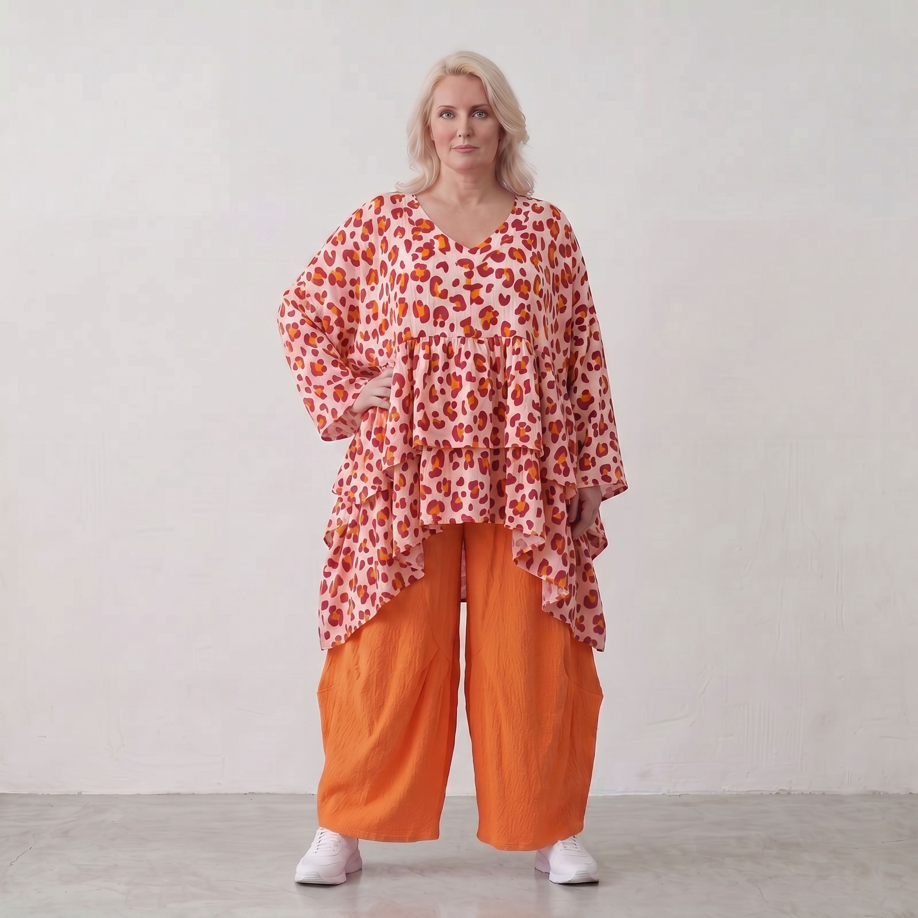 Damen Shirt Lagenlook Baumwolle Rose/Rot, Oversized, Kurzarm, V-Ausschnitt, Oversize große Größen – AKH Fashion