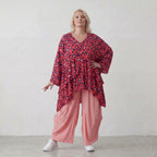 Damen Shirt Lagenlook Baumwolle Fuchsia/Marine, kastiger Schnitt, Kurzarm, V-Ausschnitt, Oversize große Größen – AKH Fashion