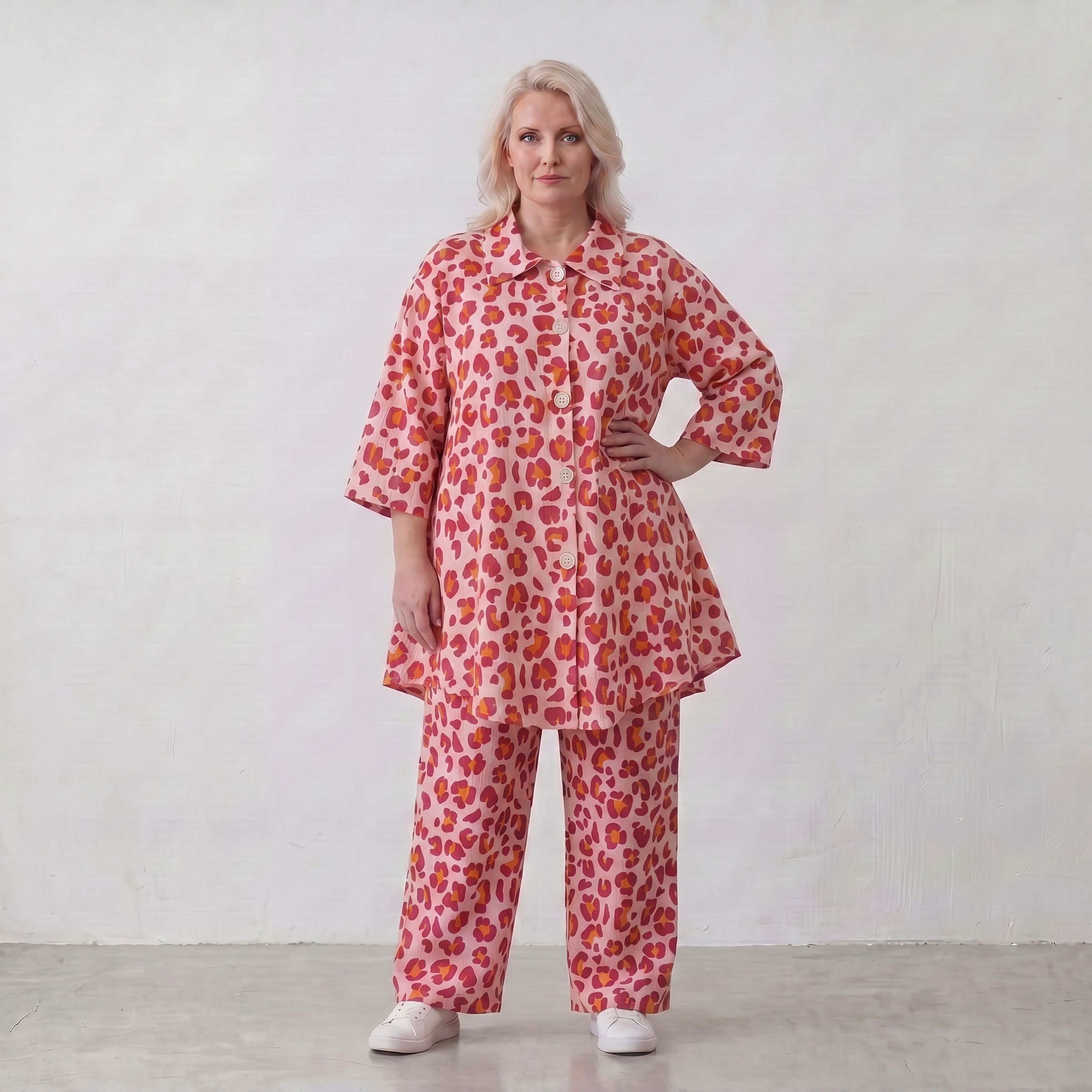 Damen Hose Lagenlook Baumwolle Rose/Rot, gerader Schnitt, Elastikbund, Oversize große Größen – AKH Fashion
