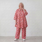 Damen Hose Lagenlook Baumwolle Rose/Rot, gerader Schnitt, Elastikbund, Oversize große Größen – AKH Fashion