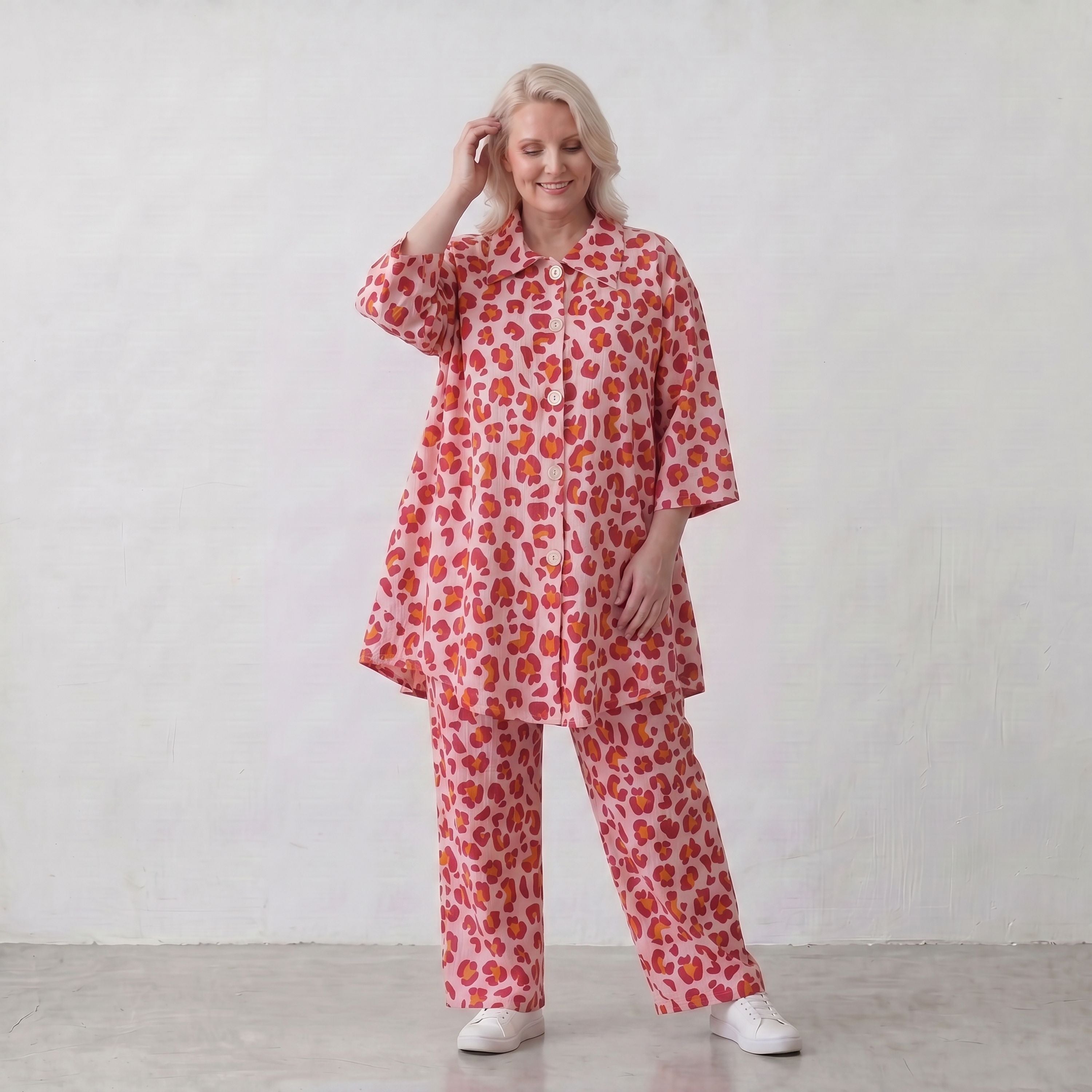 Damen Hose Lagenlook Baumwolle Rose/Rot, gerader Schnitt, Elastikbund, Oversize große Größen – AKH Fashion