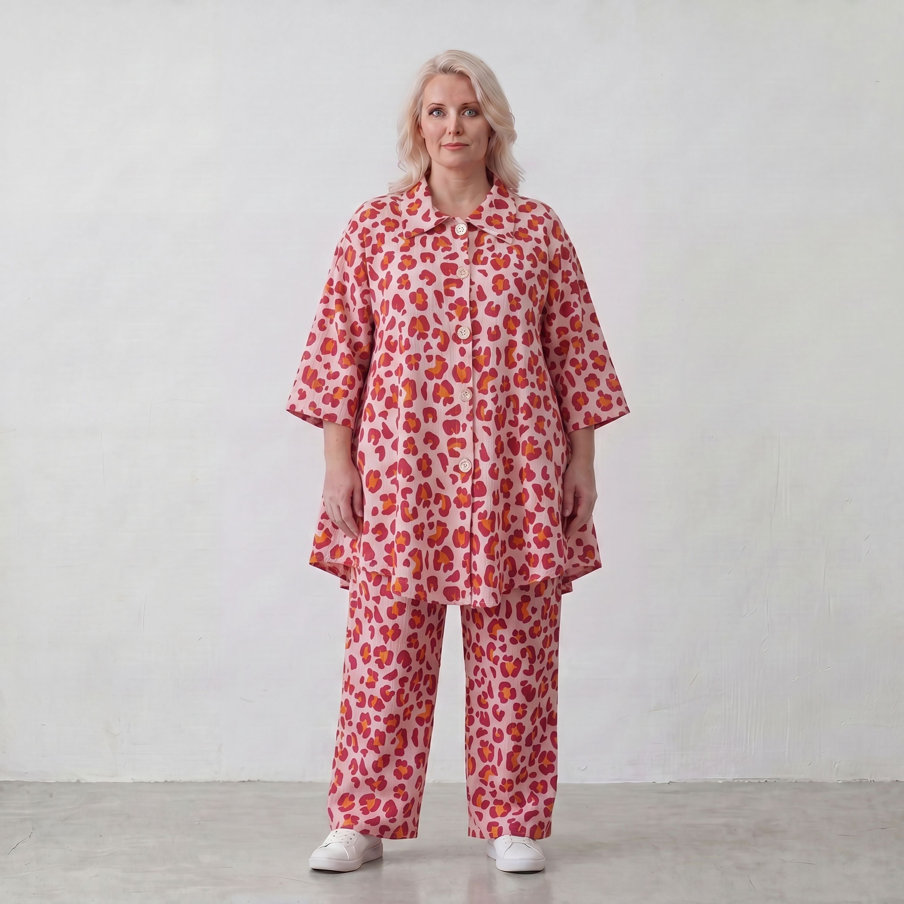 Damen Bluse Lagenlook Baumwolle Rose/Rot, gerader Schnitt, Knopfleiste, Oversize große Größen – AKH Fashion
