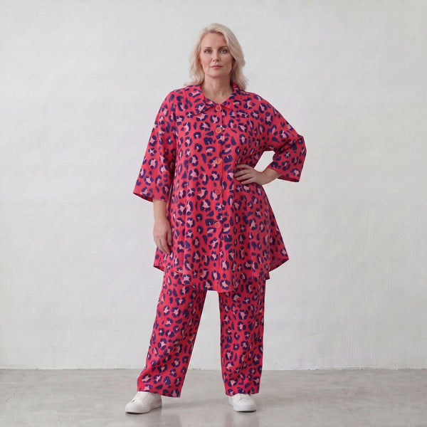 Damen Bluse Lagenlook Baumwolle Fuchsia/Marine, 3/4-Arm, Knopfleiste, Oversize große Größen – AKH Fashion