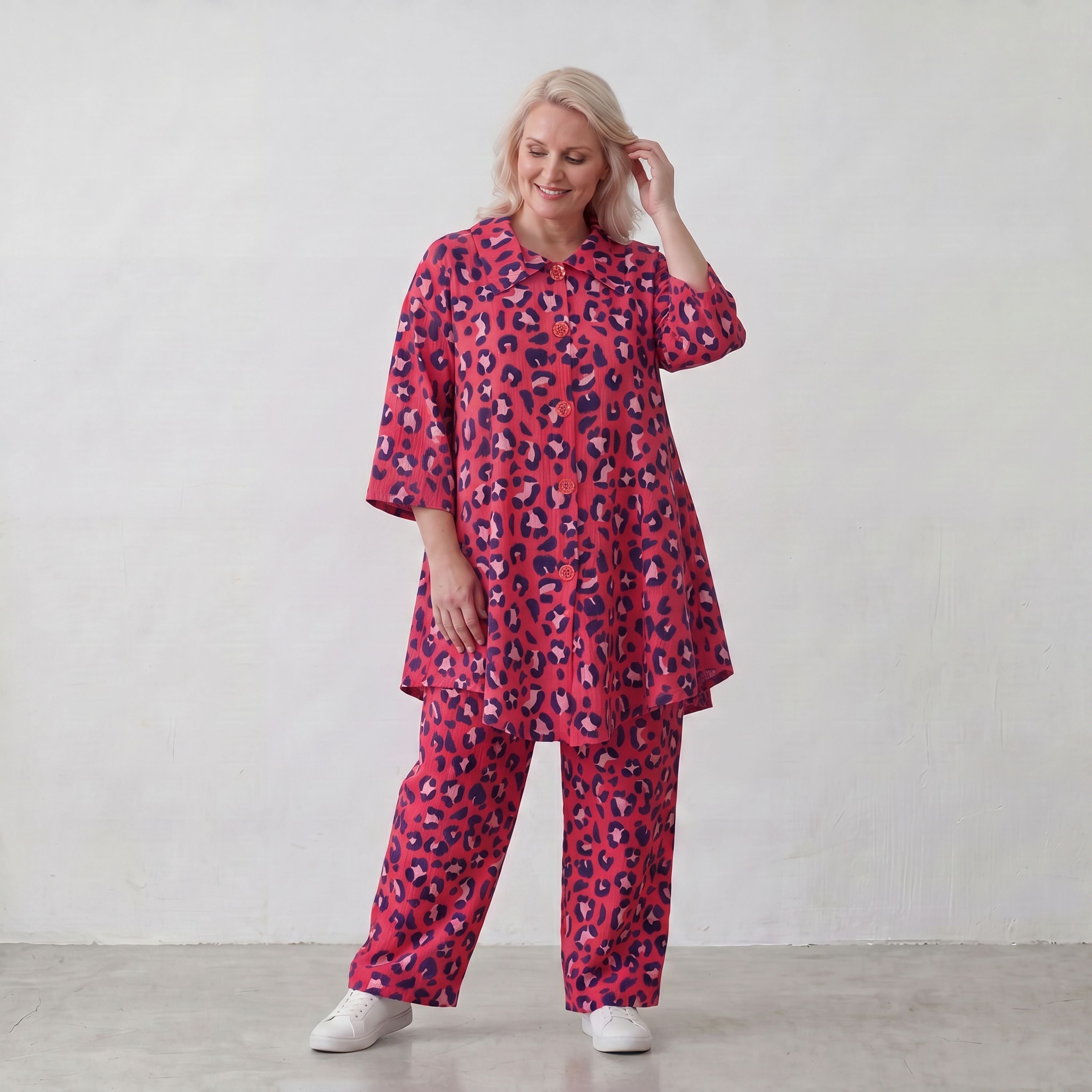Damen Bluse Lagenlook Baumwolle Fuchsia/Marine, 3/4-Arm, Knopfleiste, Oversize große Größen – AKH Fashion