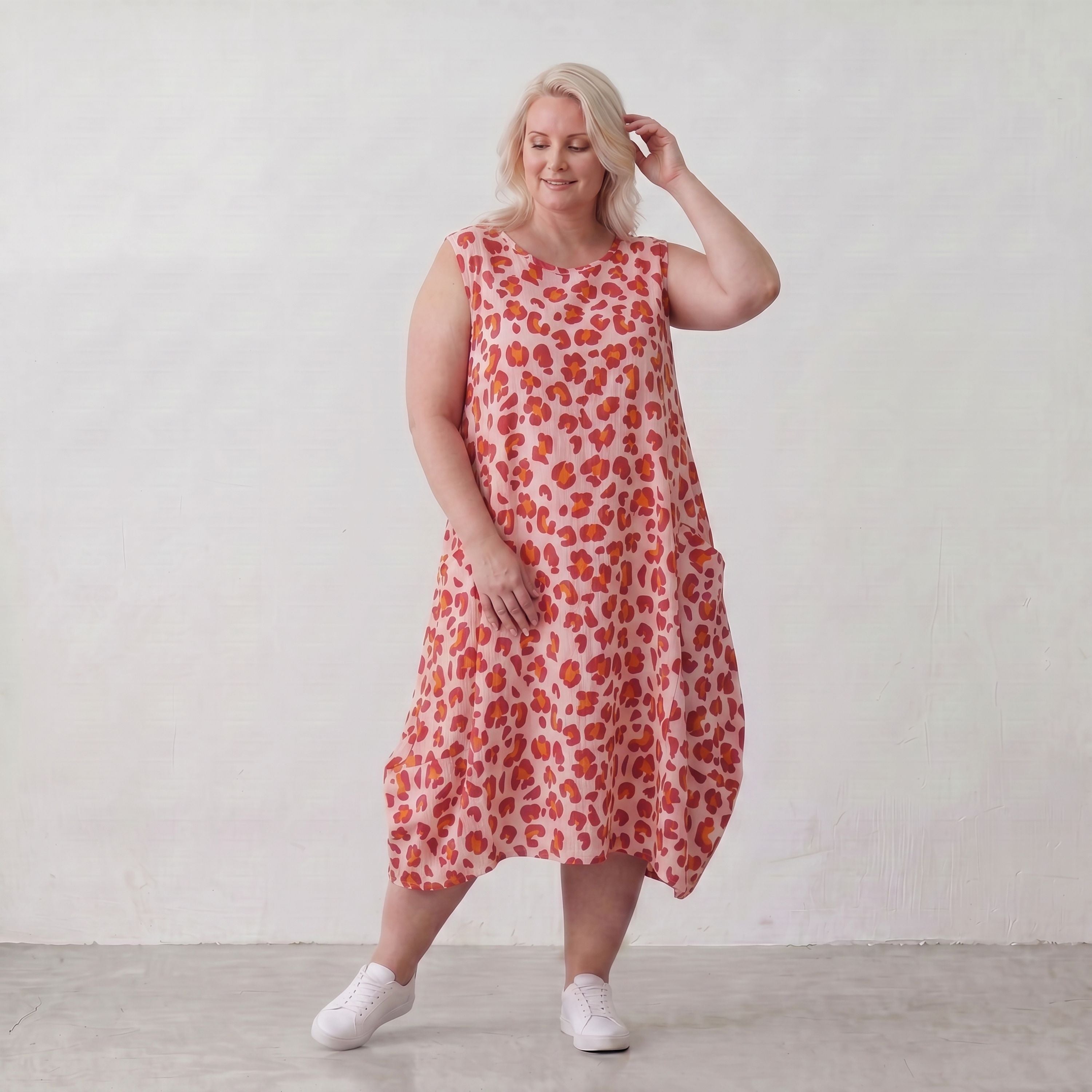 Damen Kleid Lagenlook Baumwolle Rose/Rot, Ballonschnitt, Taschen, Oversize große Größen – AKH Fashion