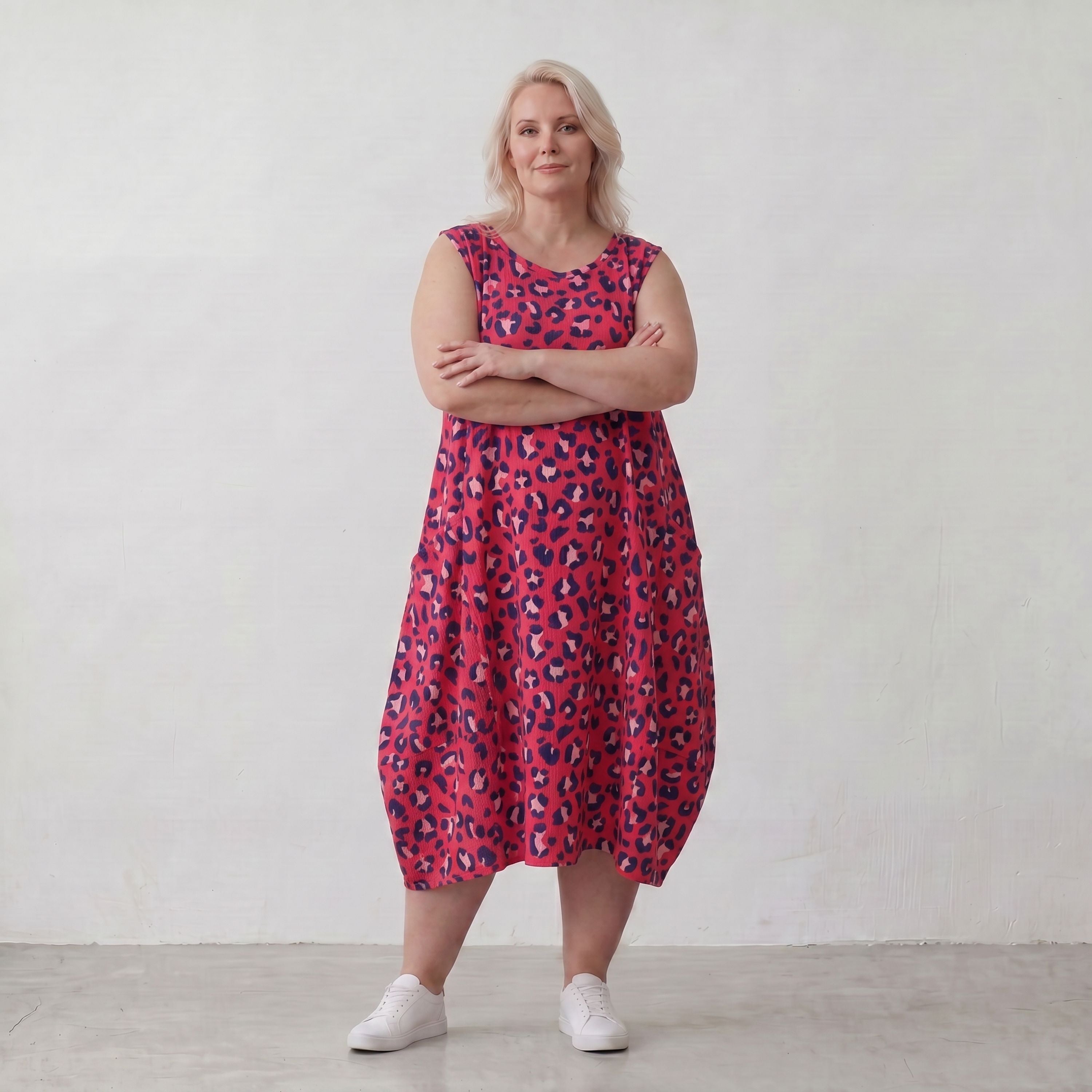 Damen Kleid Lagenlook Baumwolle Fuchsia/Marine, Ballonschnitt, Taschen, Oversize große Größen – AKH Fashion