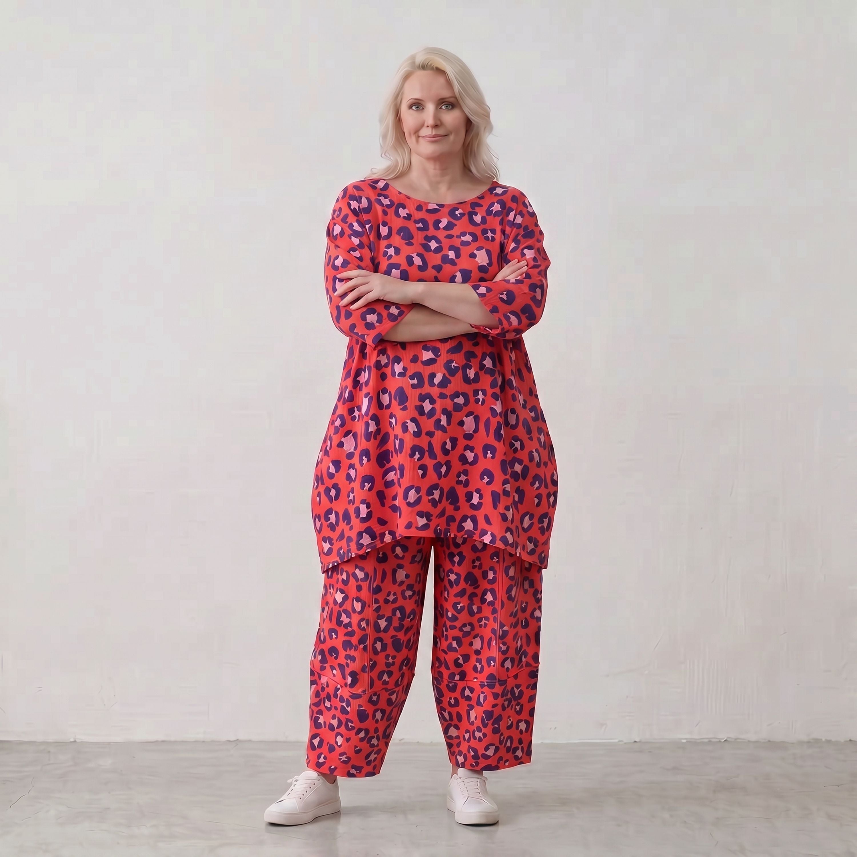 Damen Shirt Lagenlook Baumwolle Fuchsia/Marine, A-Form, 3/4-Arm, Taschen, Oversize große Größen – AKH Fashion