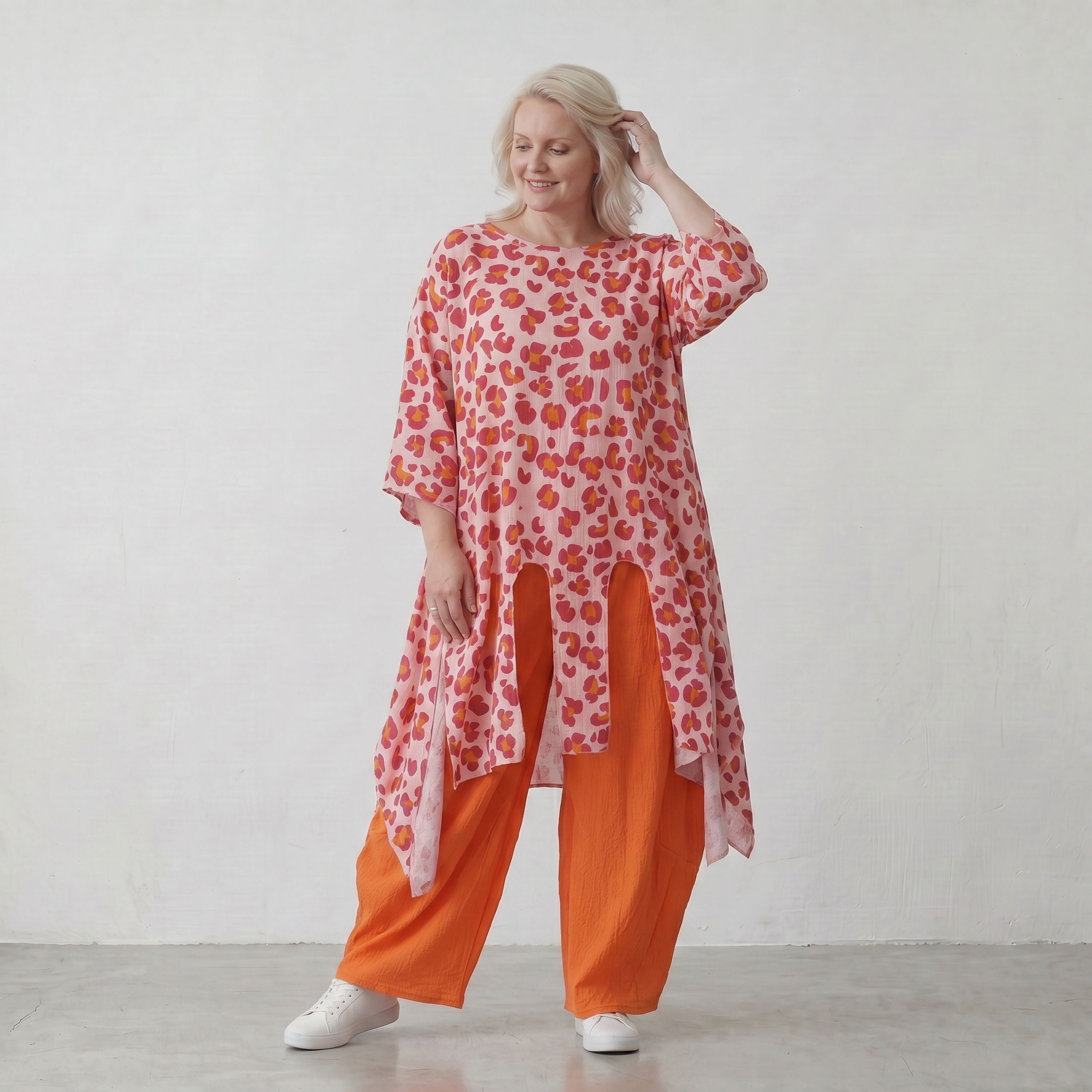 Damen Shirt Lagenlook Baumwolle Rose/Rot, A-Form, Volant, Oversize große Größen – AKH Fashion