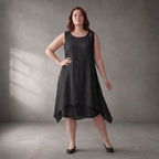 Oversize Tunika Schwarz fliessend im Lagenlook locker mit Taschen luftig A-Linie und soft