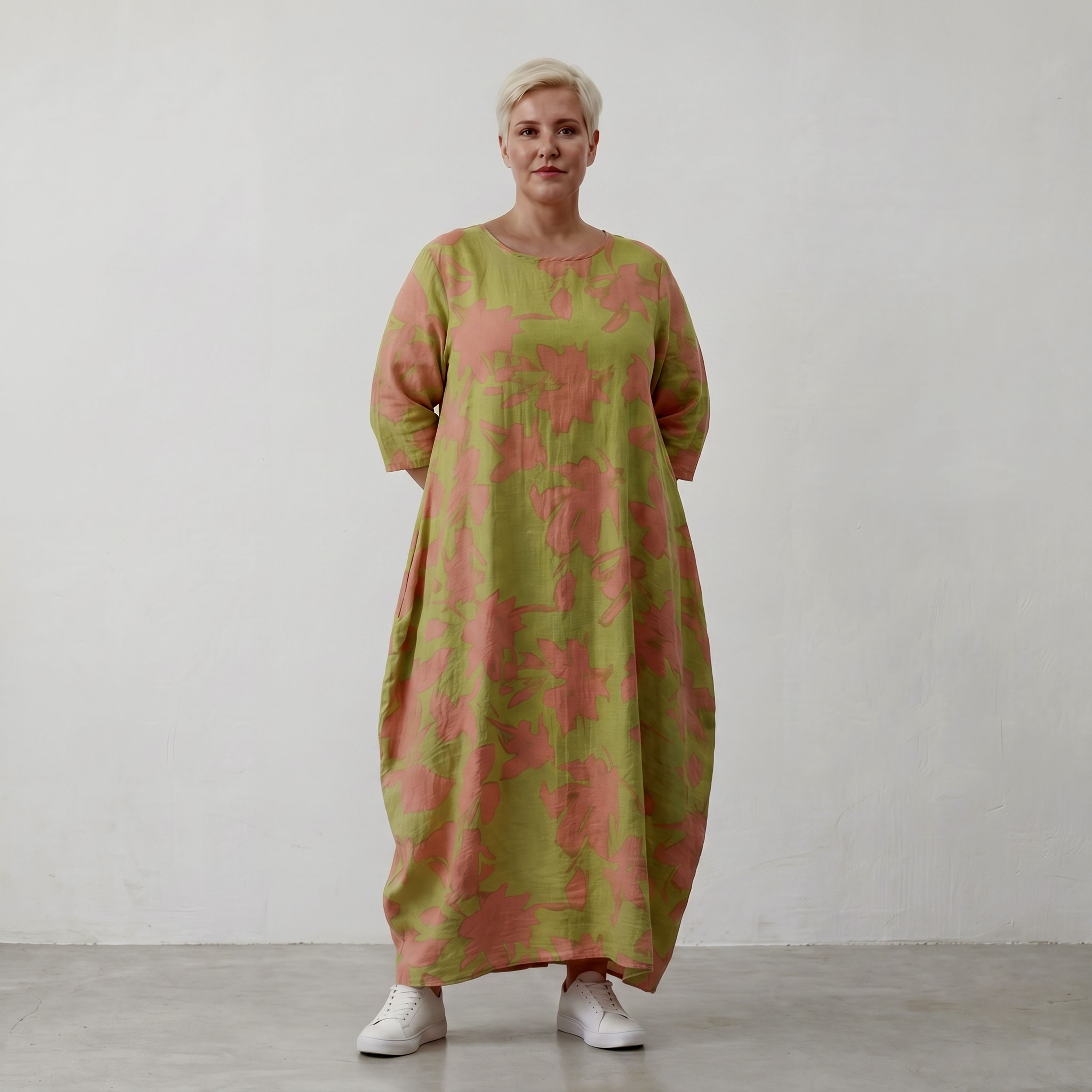 Ballonkleid in Apfelgrün und Korallrot im Klecksdesign aus Popeline mit Schimmerlook