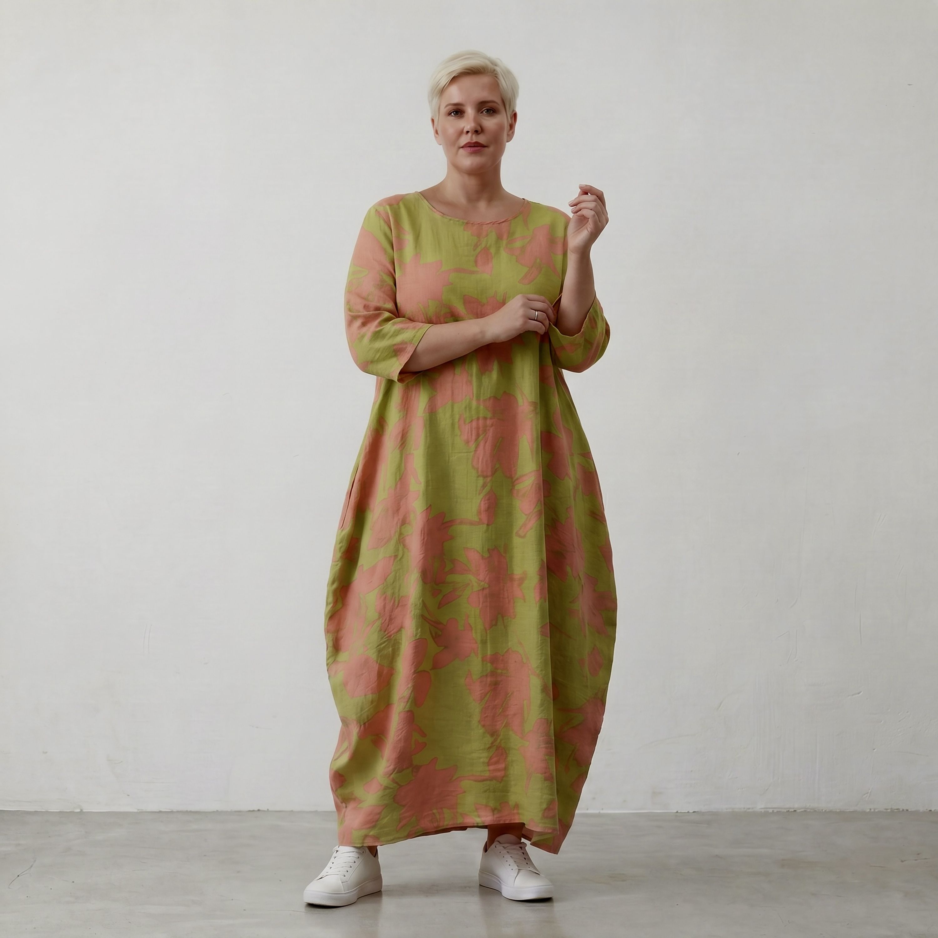 Ballonkleid in Apfelgrün und Korallrot im Klecksdesign aus Popeline mit Schimmerlook