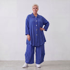 Damen Bluse Lagenlook Viskose Royalblau, 3/4-Arm, Knopfleiste, Oversize große Größen – AKH Fashion
