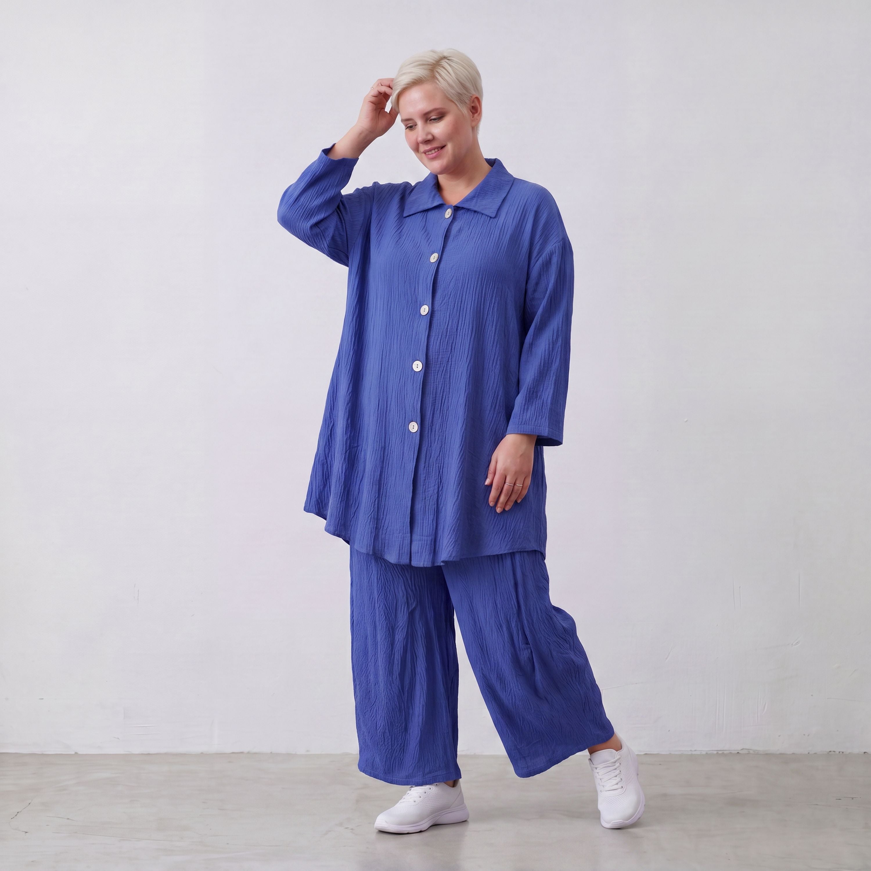 Damen Bluse Lagenlook Viskose Royalblau, 3/4-Arm, Knopfleiste, Oversize große Größen – AKH Fashion