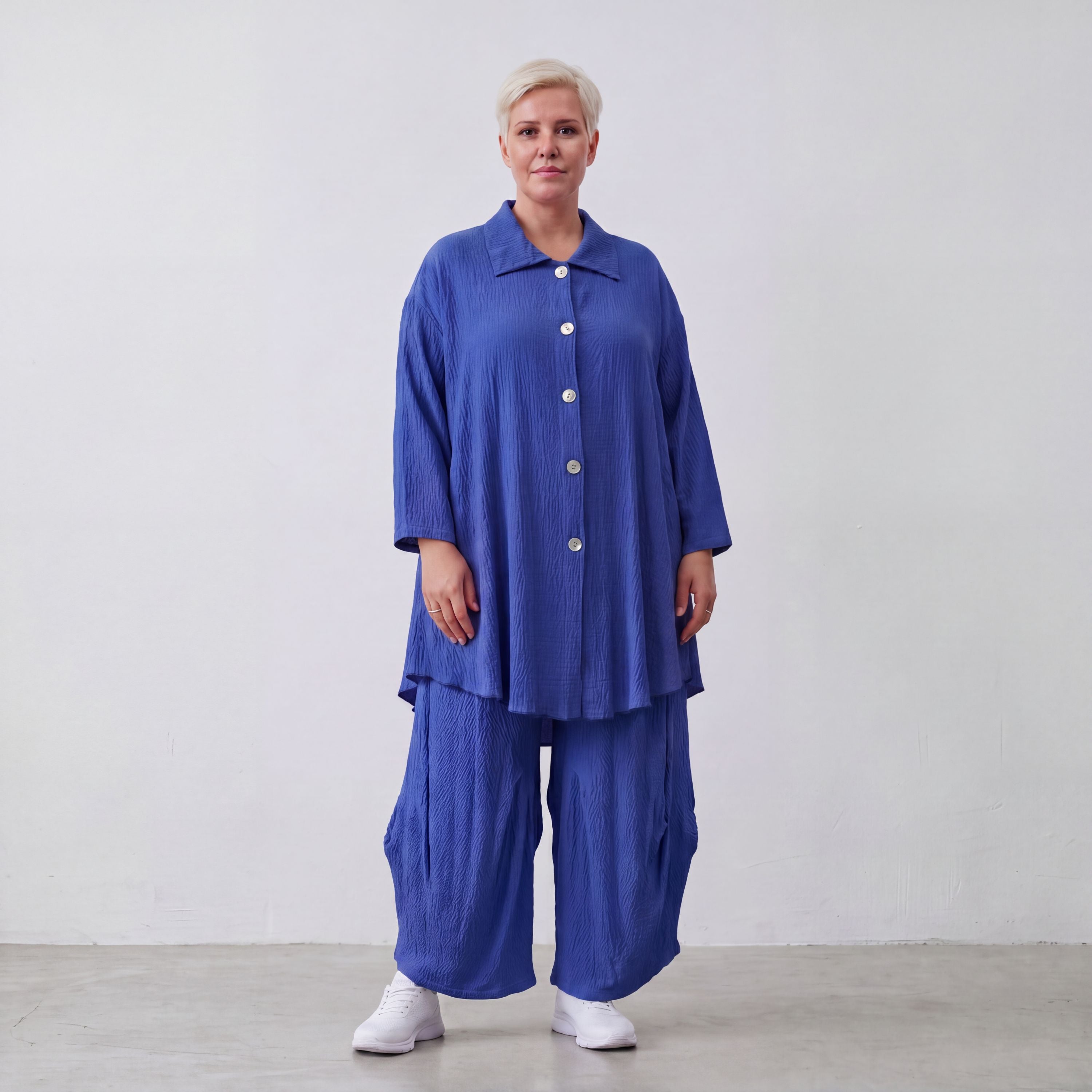 Damen Bluse Lagenlook Viskose Royalblau, 3/4-Arm, Knopfleiste, Oversize große Größen – AKH Fashion