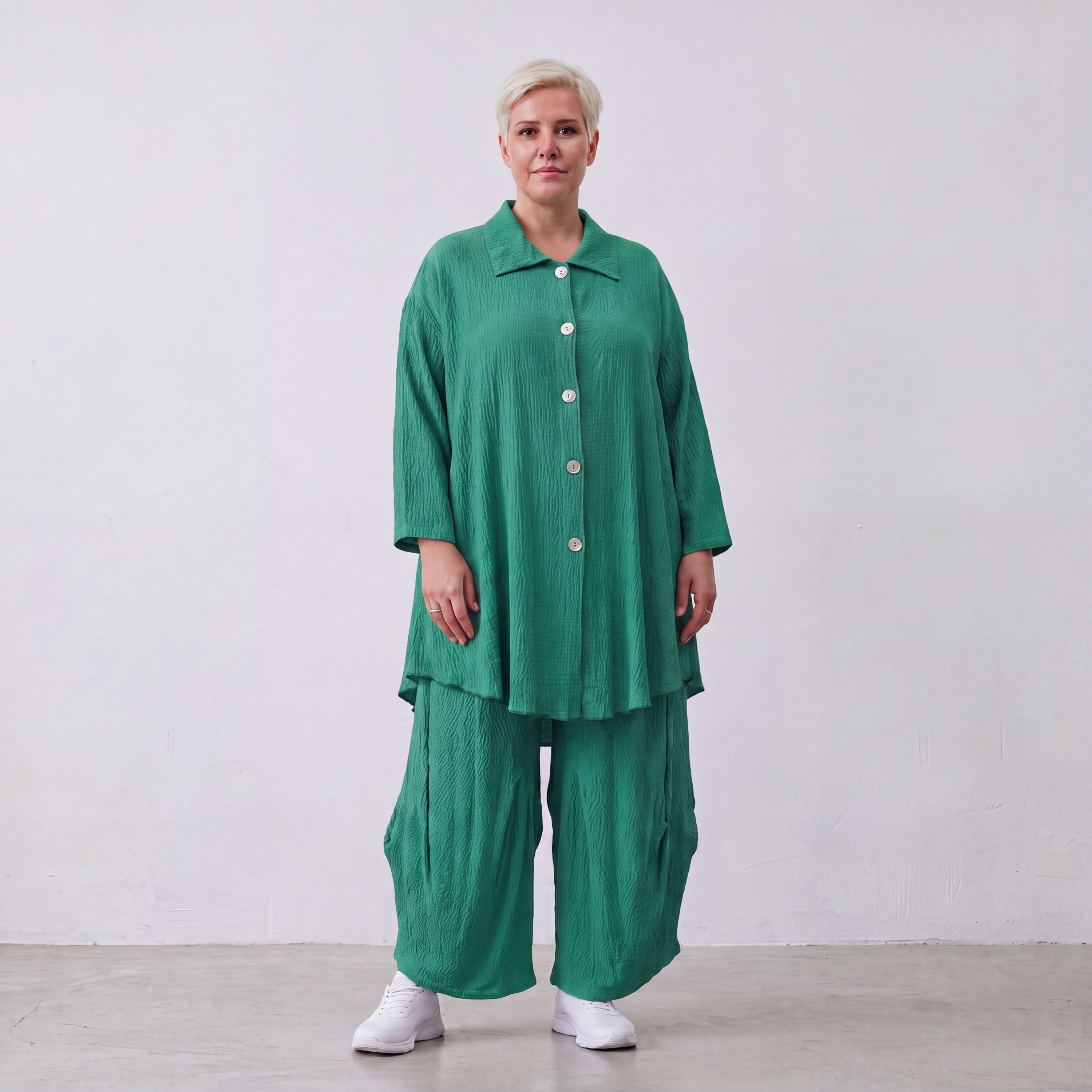 Damen Bluse Lagenlook Viskose Grün, 3/4-Arm, Knopfleiste, Oversize große Größen – AKH Fashion