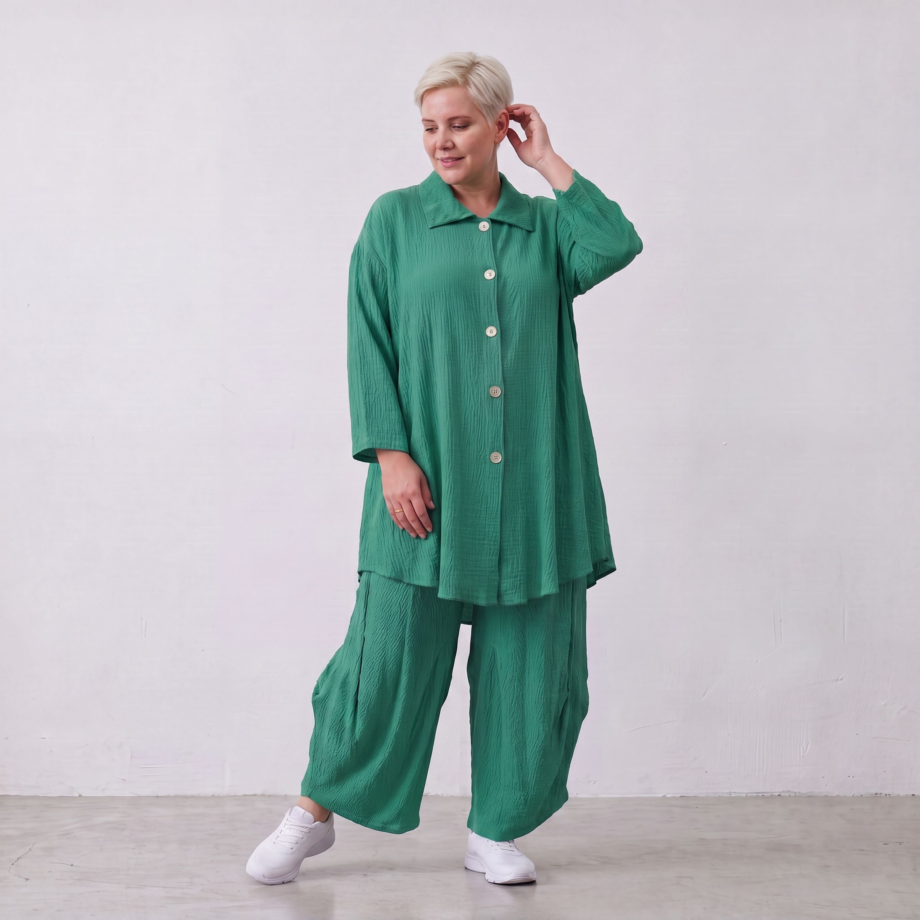 Damen Bluse Lagenlook Viskose Grün, 3/4-Arm, Knopfleiste, Oversize große Größen – AKH Fashion