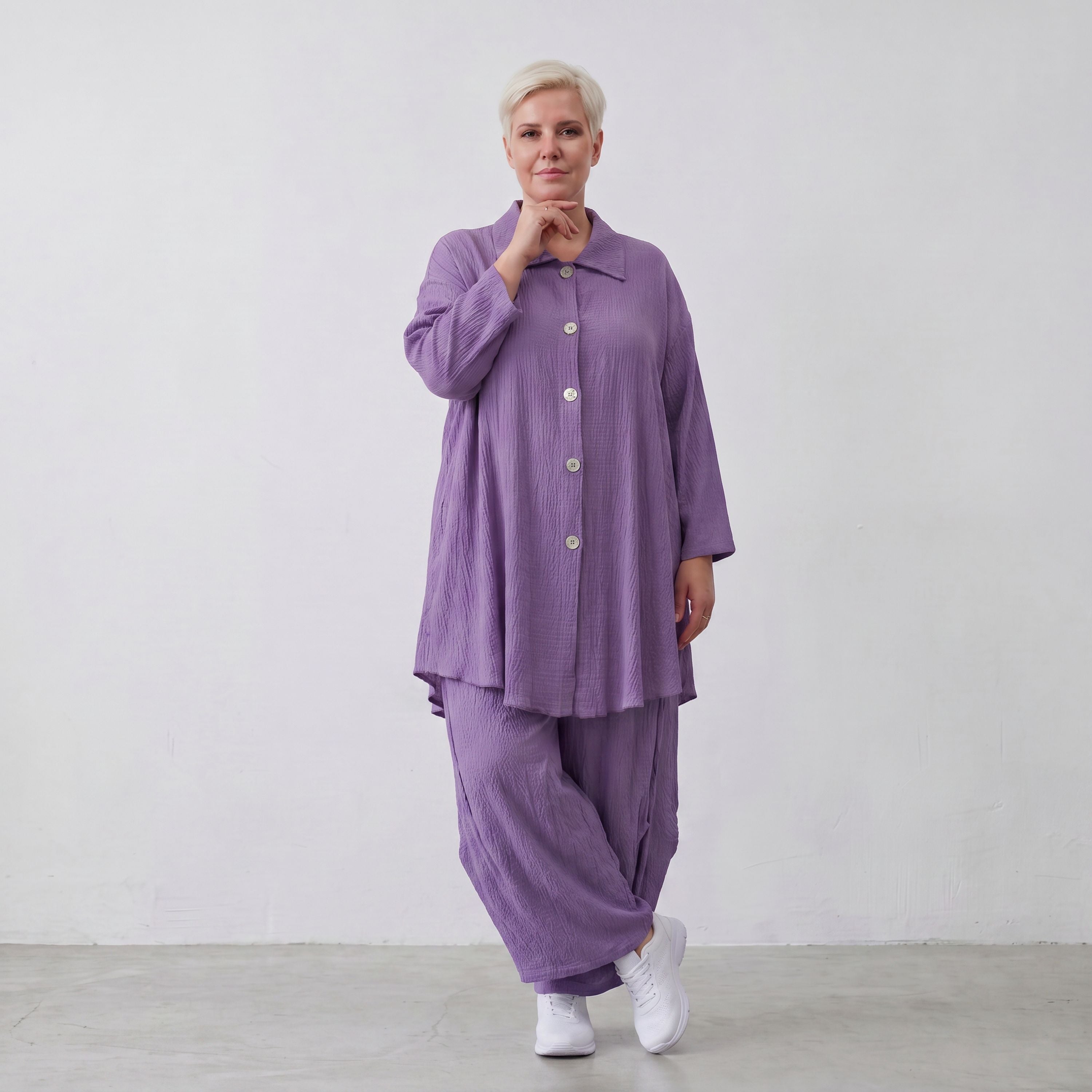 Damen Bluse Lagenlook Viskose Lila, 3/4-Arm, Knopfleiste, Oversize große Größen – AKH Fashion