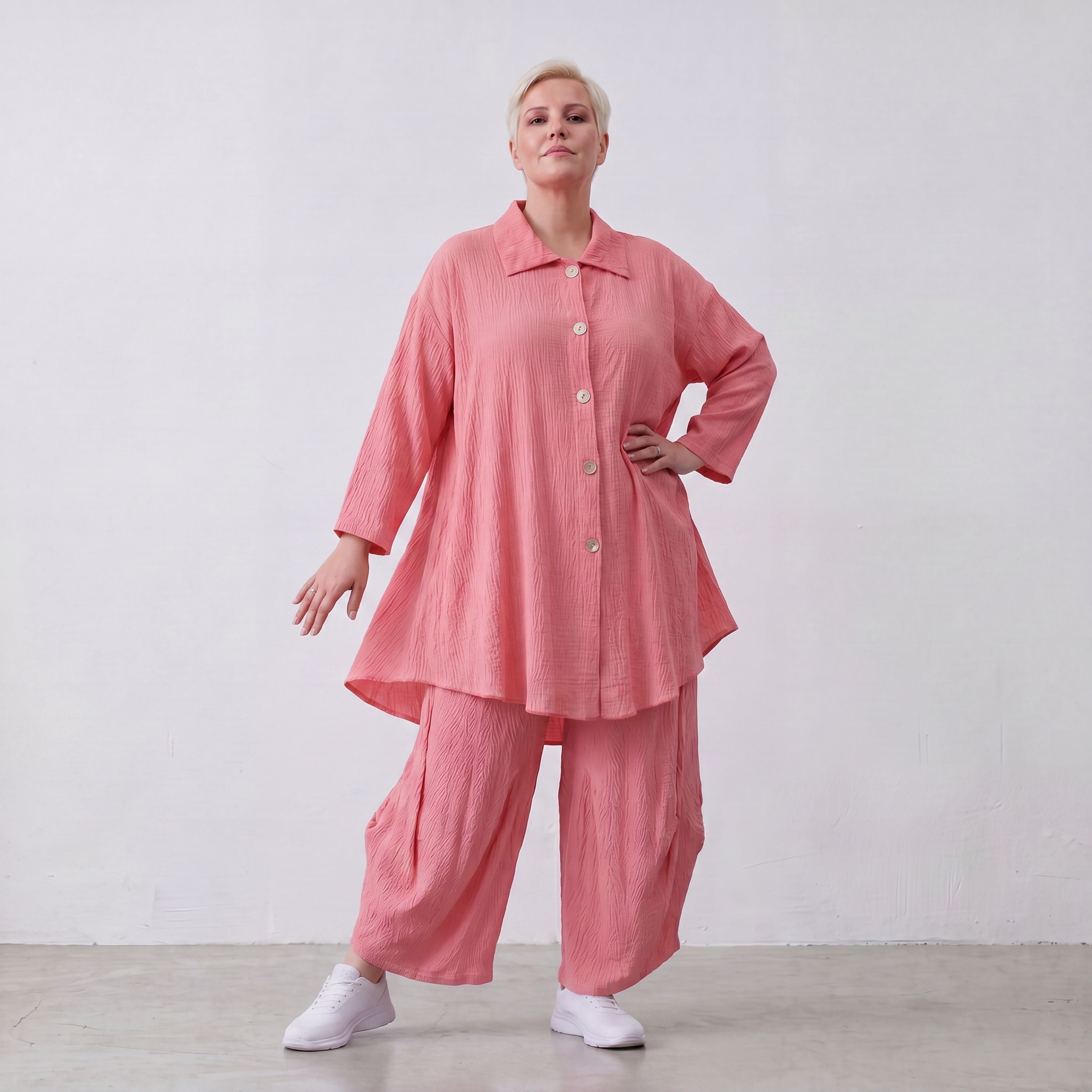 Damen Bluse Lagenlook Viskose Rosa, 3/4-Arm, Knopfleiste, Oversize große Größen – AKH Fashion