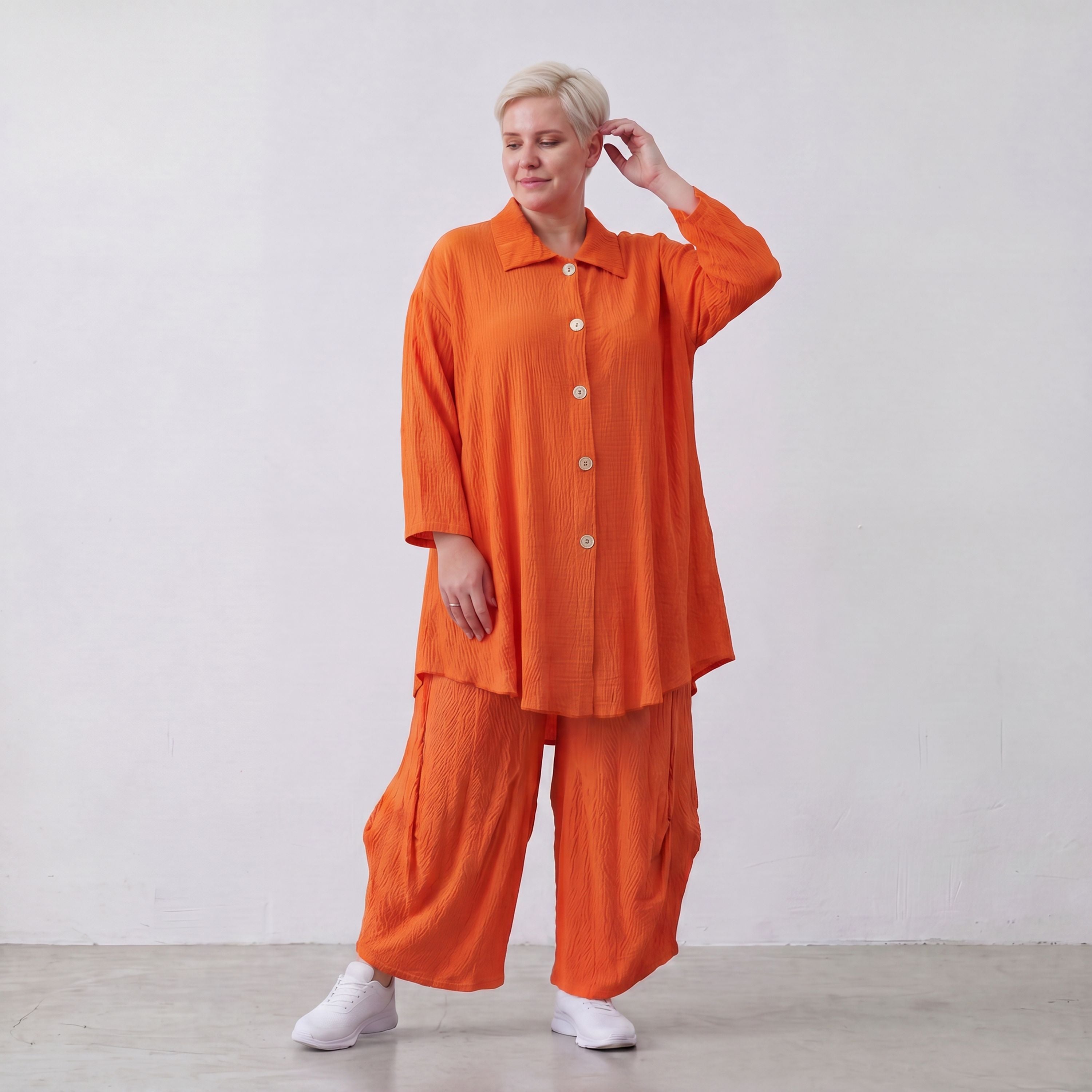Damen Bluse Lagenlook Viskose Orange, 3/4-Arm, Knopfleiste, Oversize große Größen – AKH Fashion