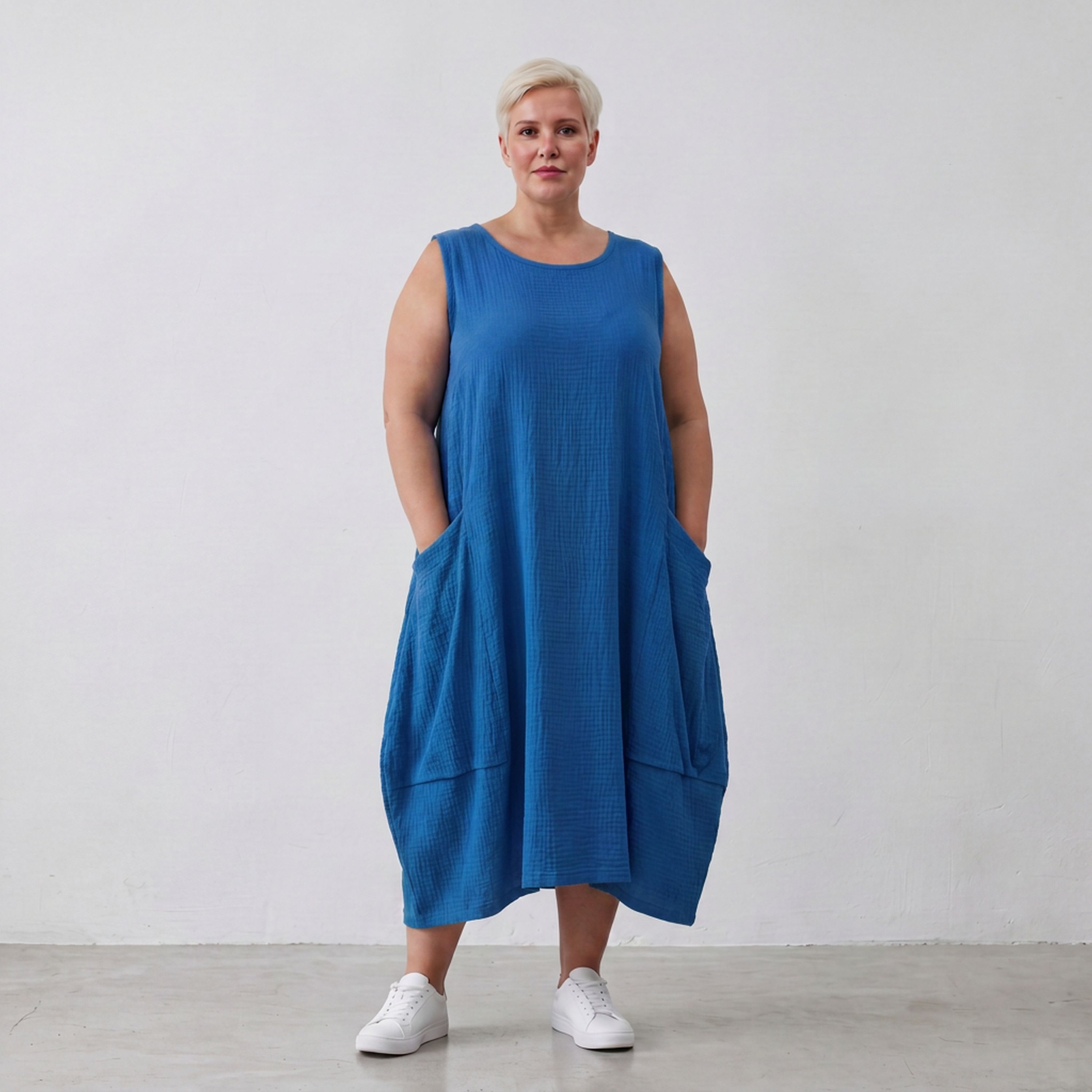 Damen Kleid Lagenlook Viskose Royalblau, Ballonschnitt, ärmellos, Taschen, Oversize große Größen – AKH Fashion