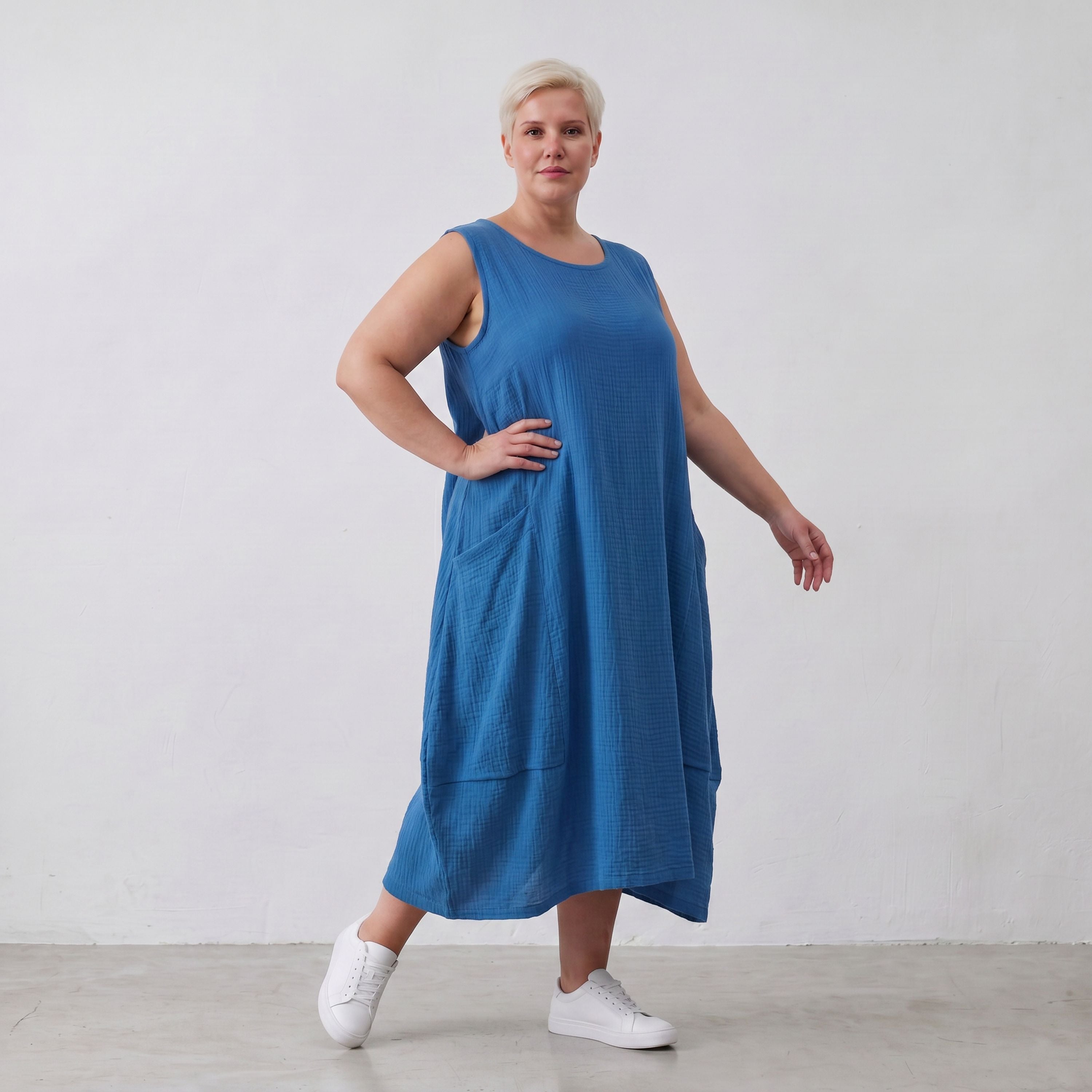 Damen Kleid Lagenlook Viskose Royalblau, Ballonschnitt, ärmellos, Taschen, Oversize große Größen – AKH Fashion