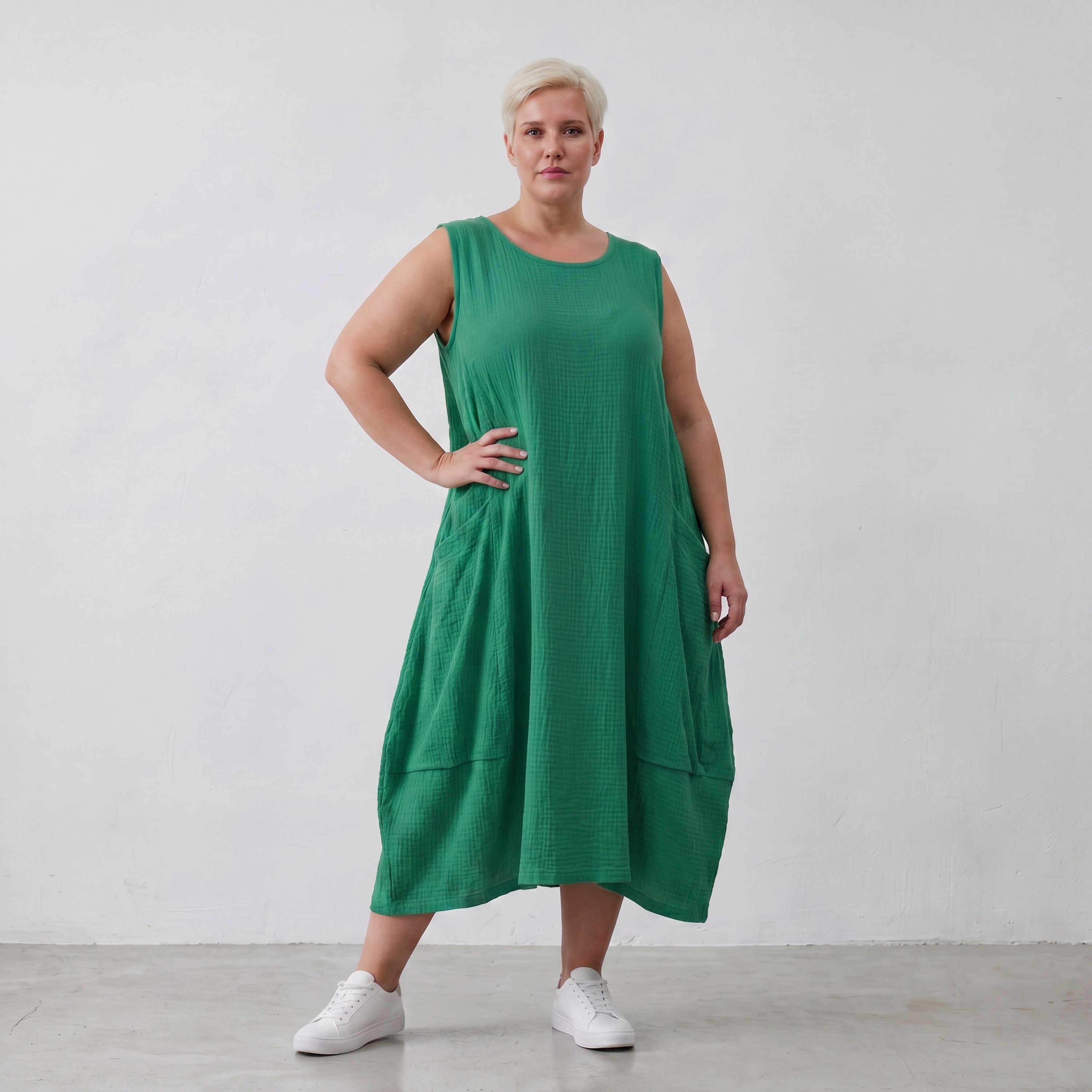 Damen Kleid Lagenlook Viskose Grün, Ballonschnitt, ärmellos, Taschen, Oversize große Größen – AKH Fashion