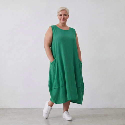 Damen Kleid Lagenlook Viskose Grün, Ballonschnitt, ärmellos, Taschen, Oversize große Größen – AKH Fashion