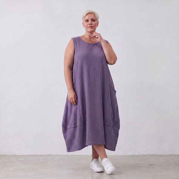 Damen Kleid Lagenlook Viskose Lila, Ballonschnitt, ärmellos, Taschen, Oversize große Größen – AKH Fashion