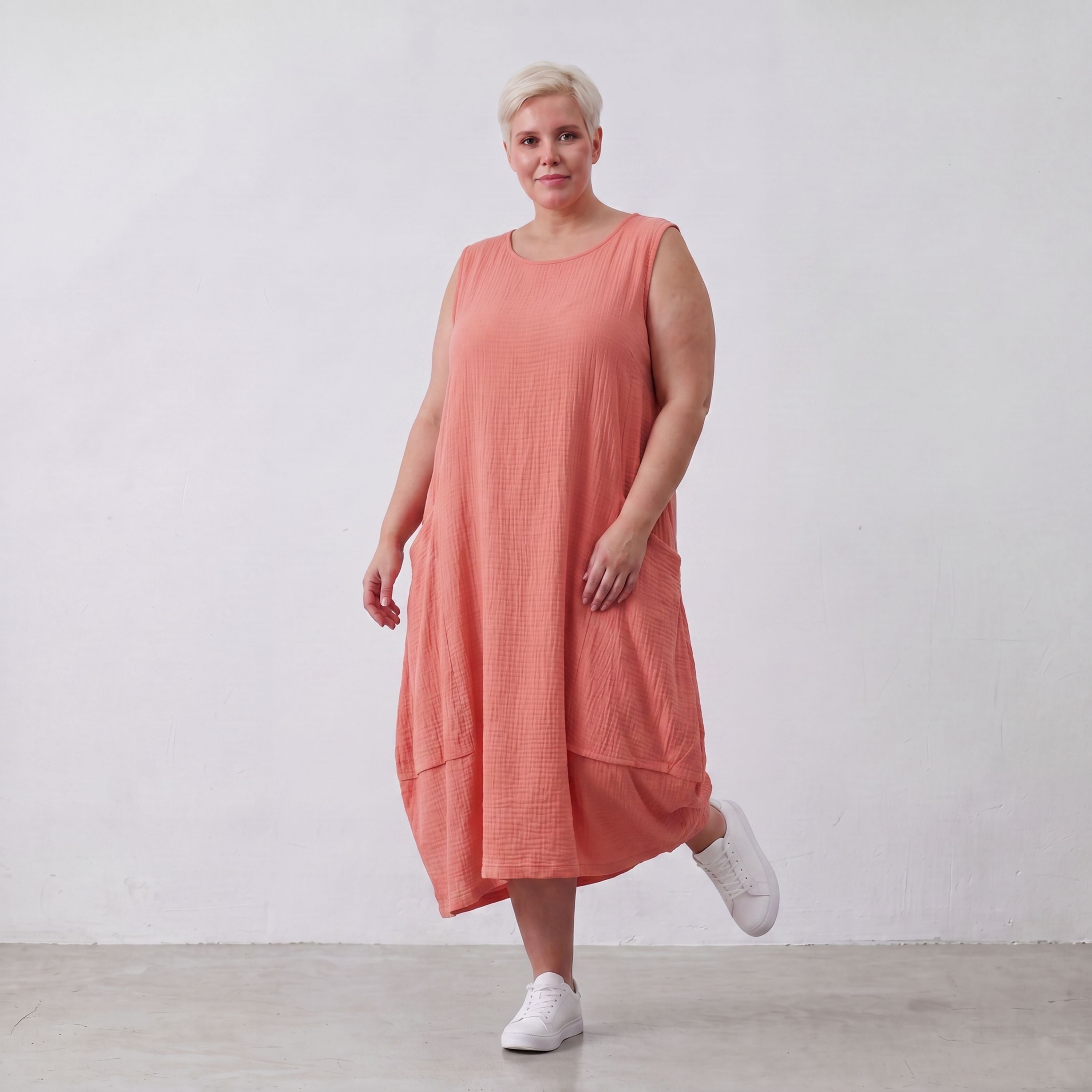 Damen Kleid Lagenlook Viskose Rosa, Ballonschnitt, ärmellos, Oversize große Größen – AKH Fashion