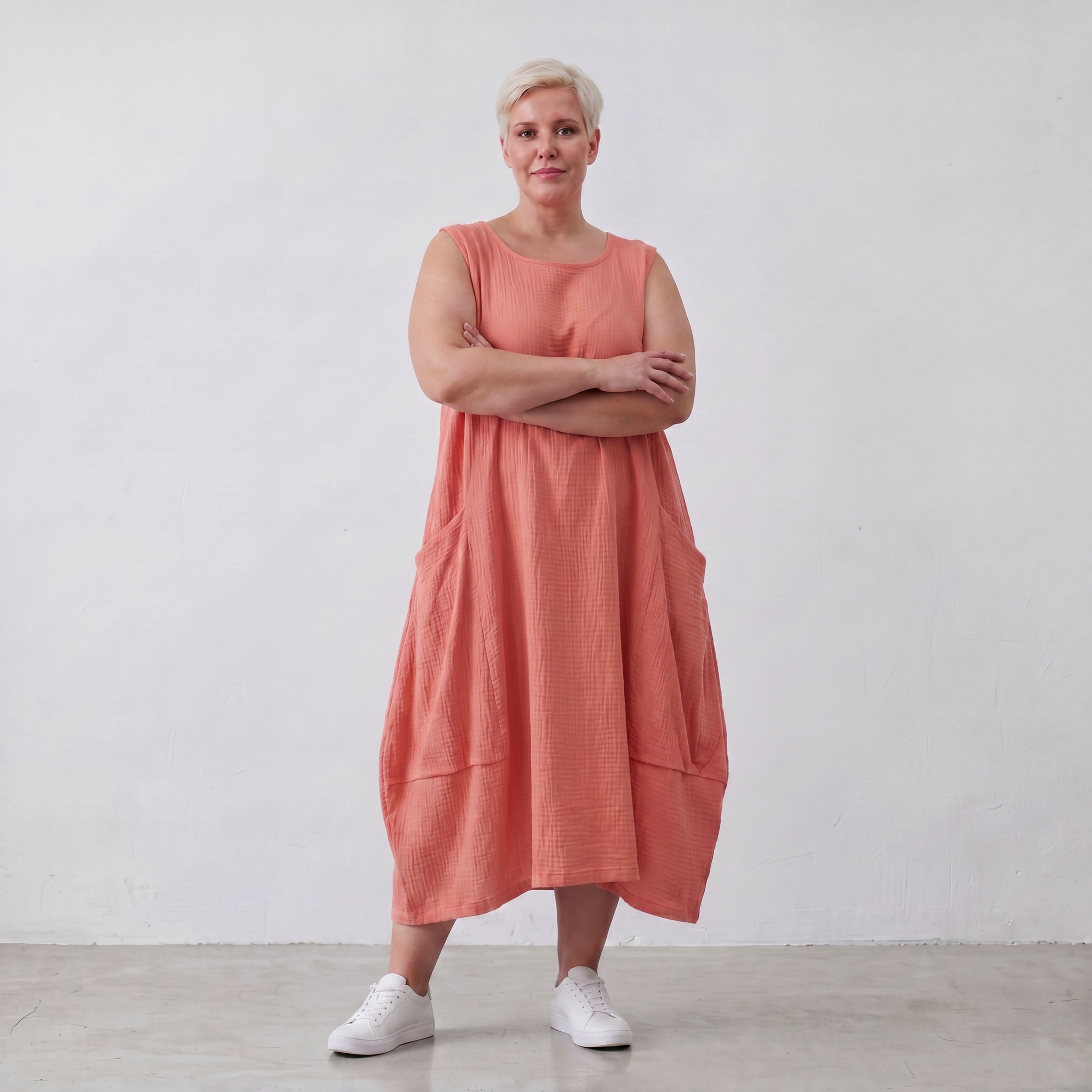 Damen Kleid Lagenlook Viskose Rosa, Ballonschnitt, ärmellos, Oversize große Größen – AKH Fashion