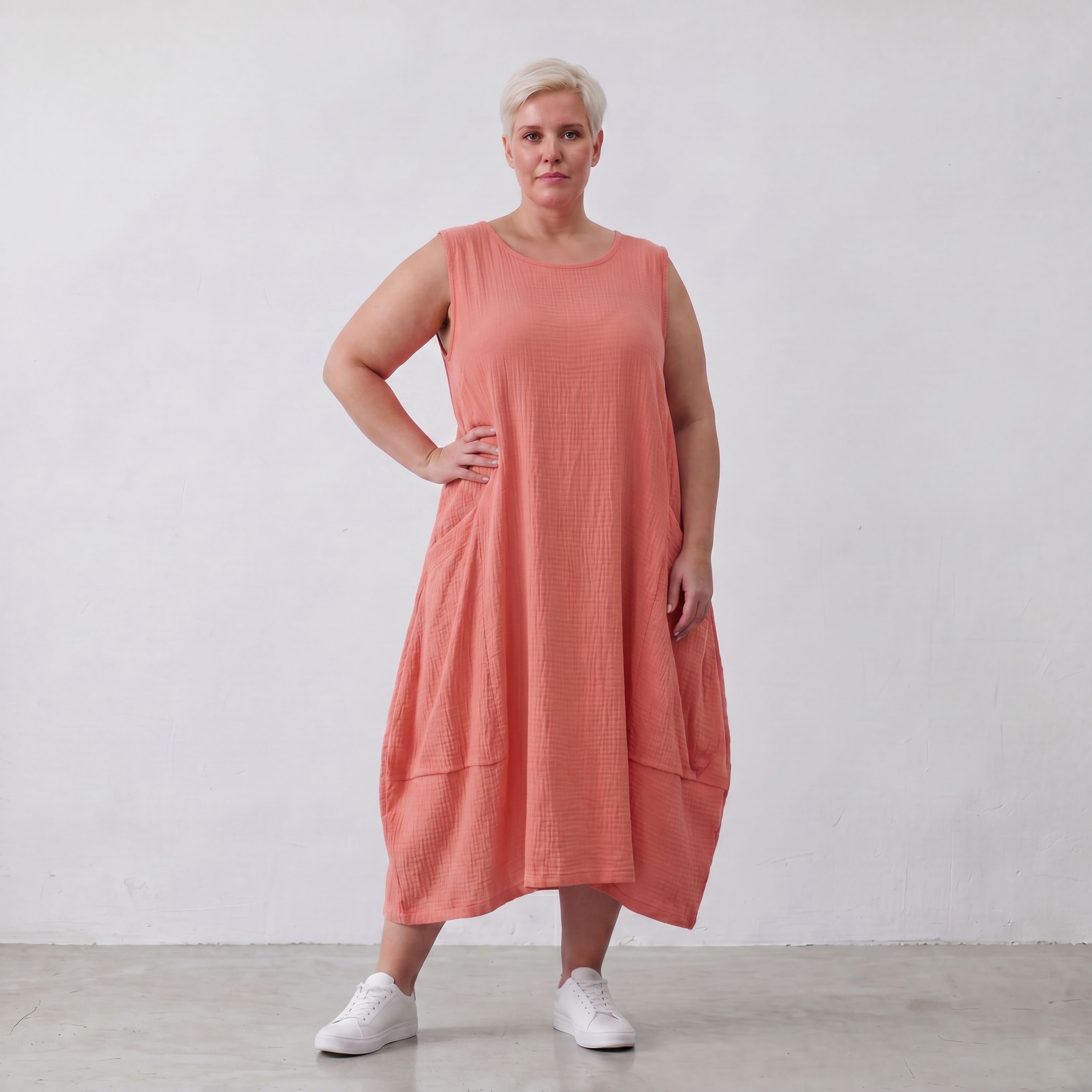 Damen Kleid Lagenlook Viskose Rosa, Ballonschnitt, ärmellos, Oversize große Größen – AKH Fashion