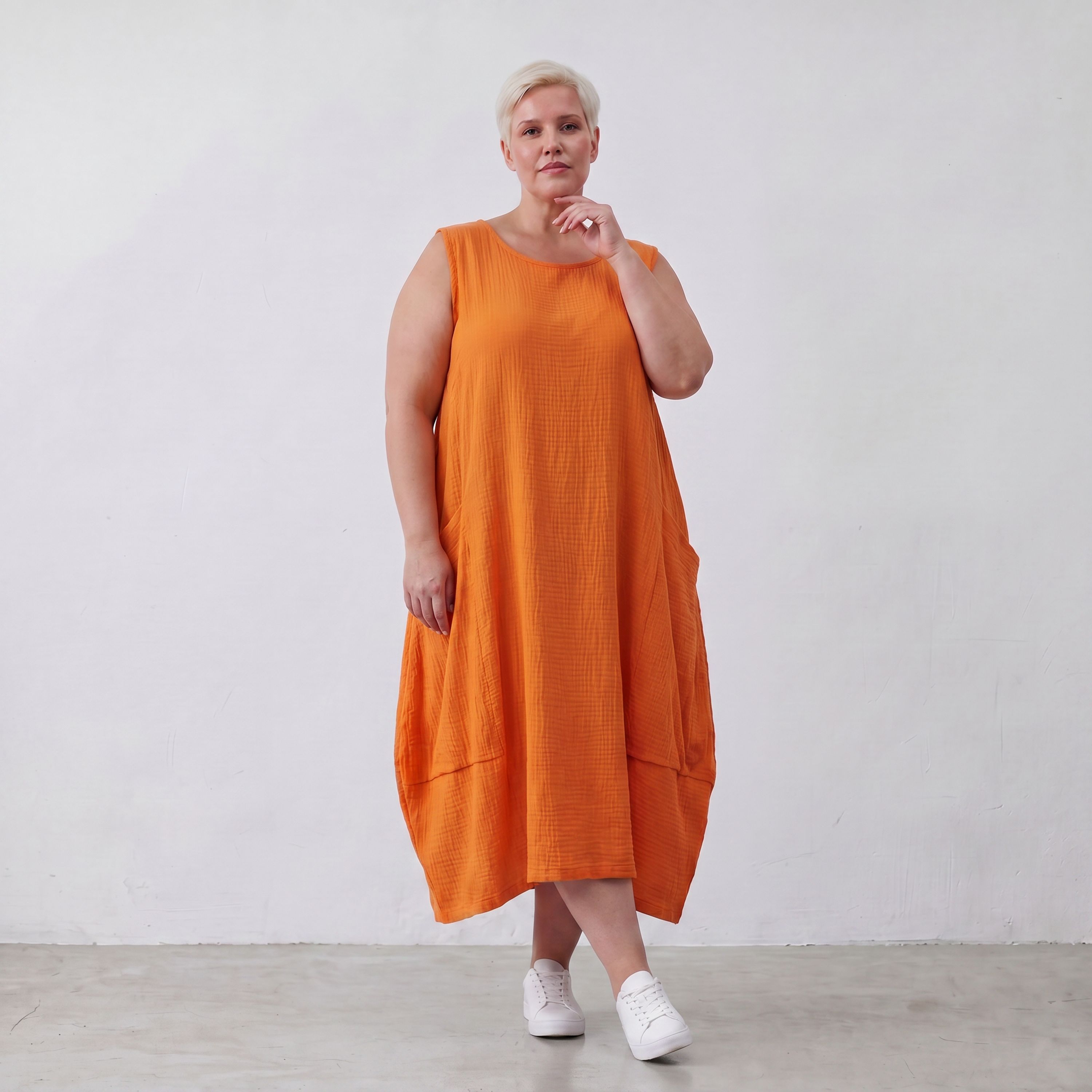 Damen Kleid Lagenlook Viskose Orange, Ballonschnitt, ärmellos, Taschen, Oversize große Größen – AKH Fashion