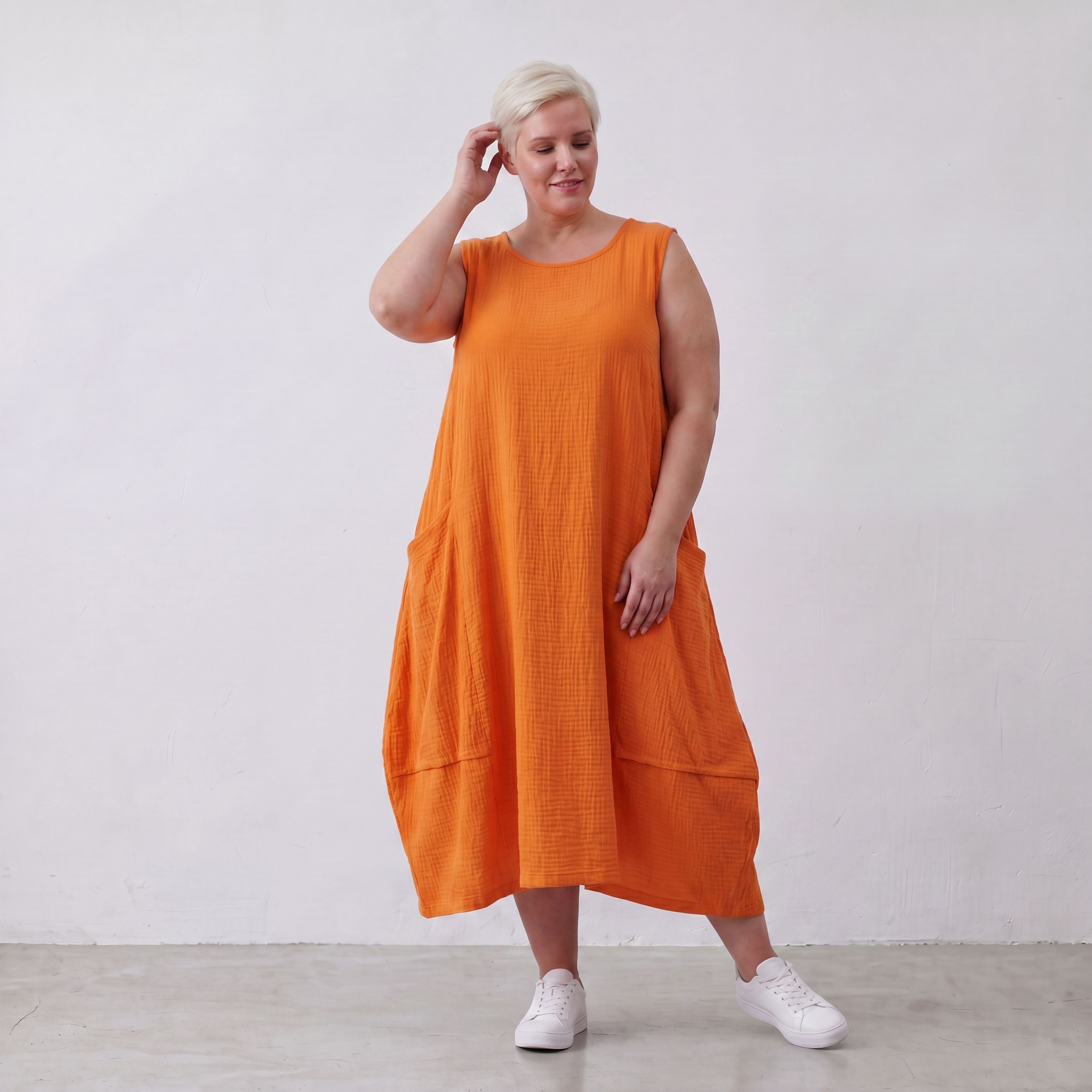 Damen Kleid Lagenlook Viskose Orange, Ballonschnitt, ärmellos, Taschen, Oversize große Größen – AKH Fashion