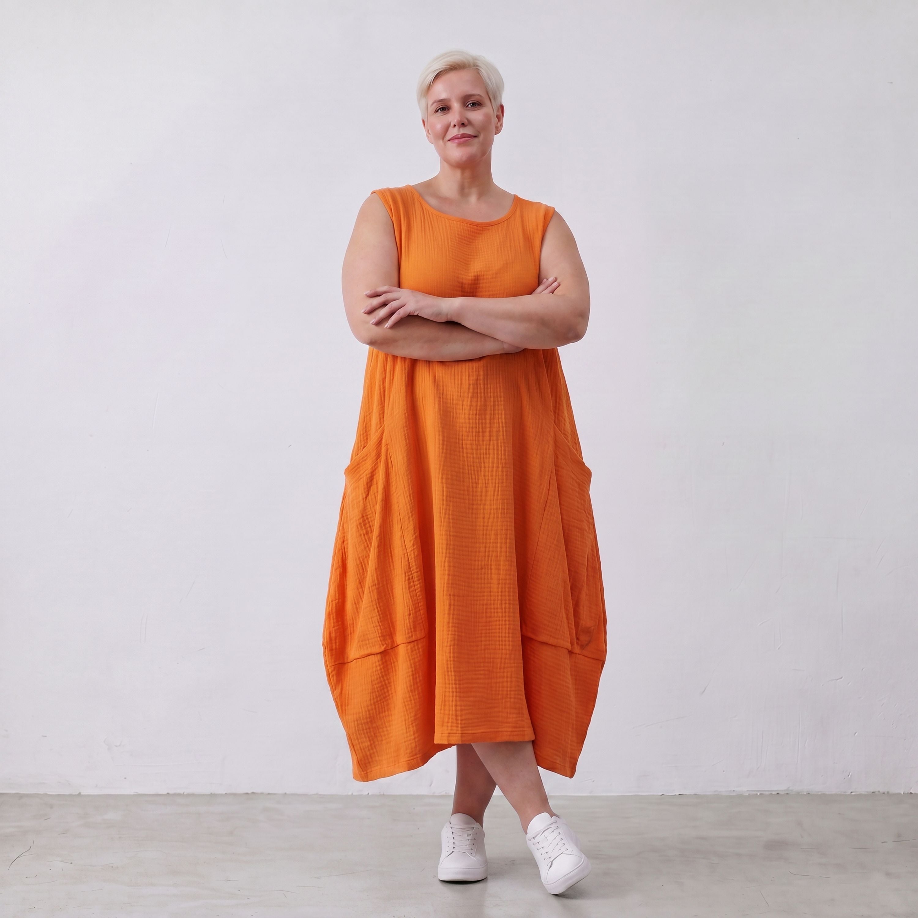 Damen Kleid Lagenlook Viskose Orange, Ballonschnitt, ärmellos, Taschen, Oversize große Größen – AKH Fashion