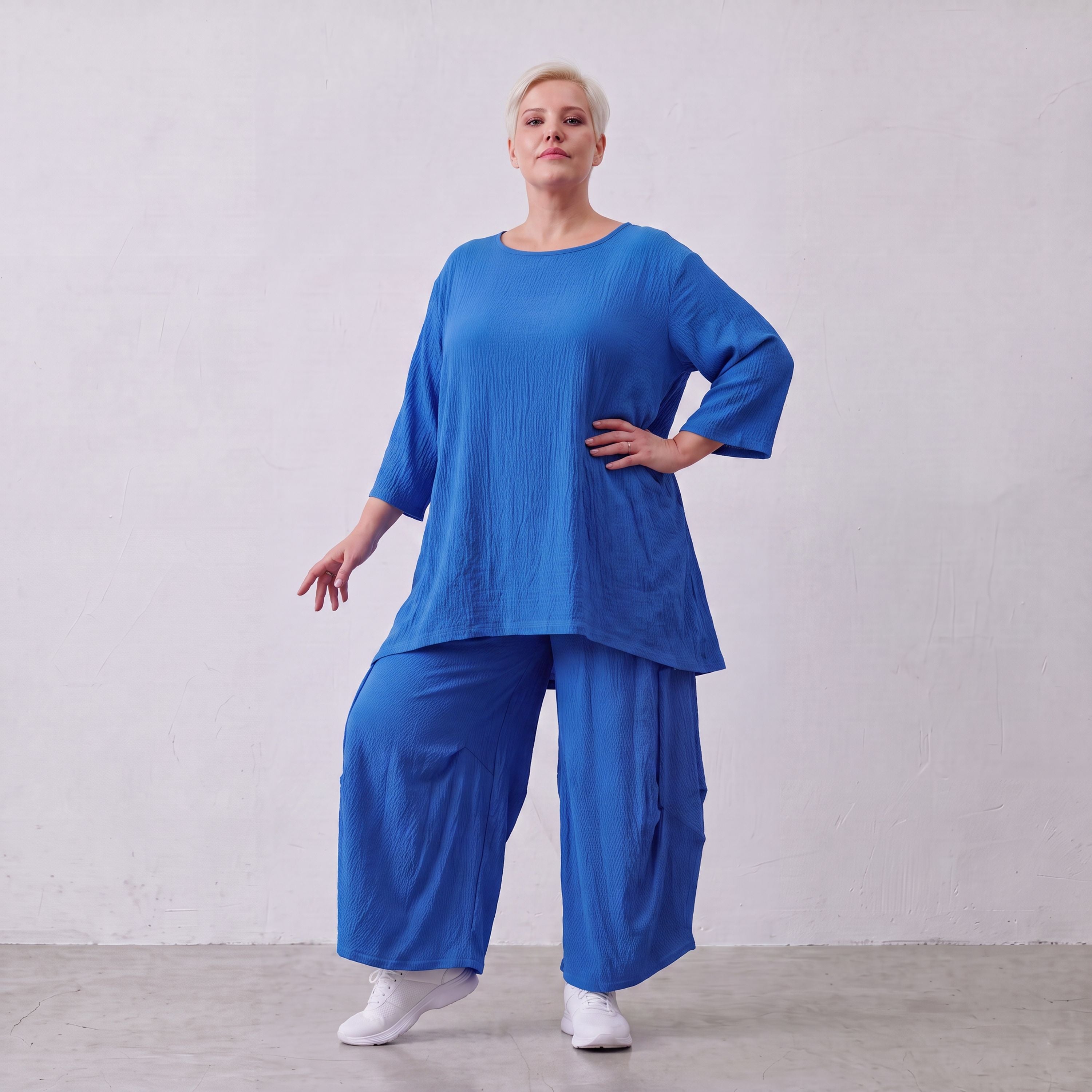 Damen Shirt Lagenlook Viskose Royalblau, A-Linie, 3/4-Arm, Oversize große Größen – AKH Fashion