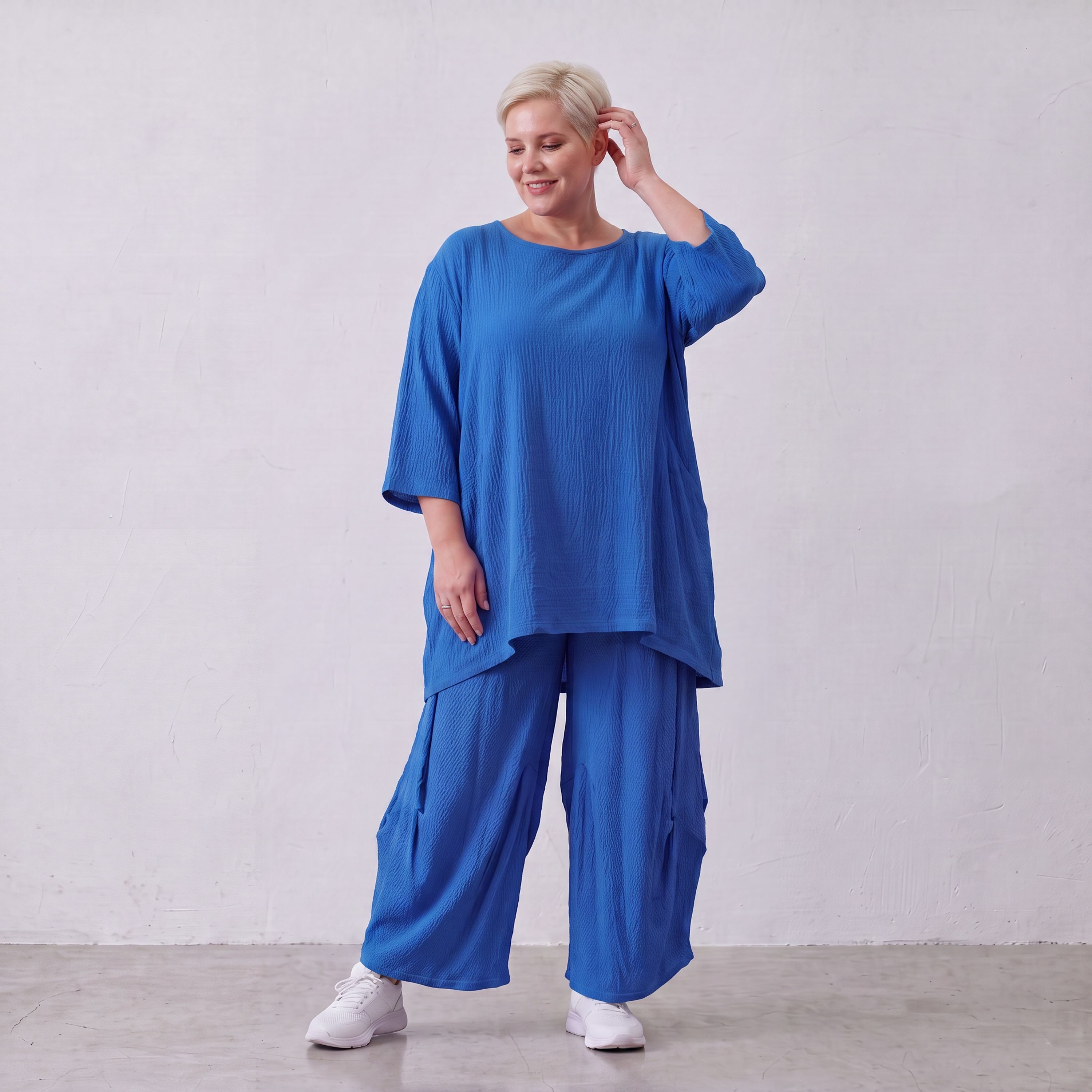 Damen Shirt Lagenlook Viskose Royalblau, A-Linie, 3/4-Arm, Oversize große Größen – AKH Fashion
