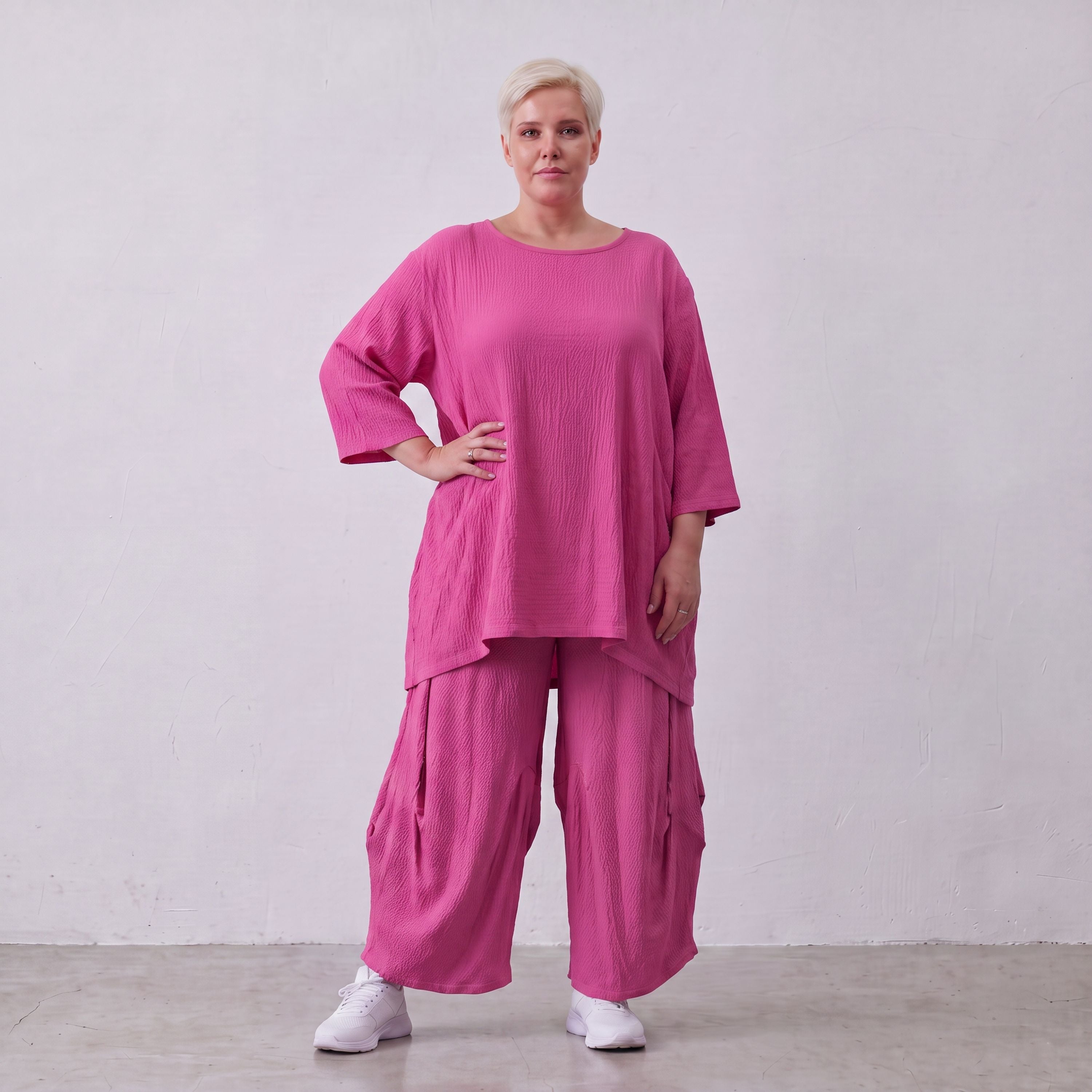 Damen Hose Lagenlook Viskose Fuchsia, Ballonschnitt, Flügeltaschen, Oversize große Größen – AKH Fashion
